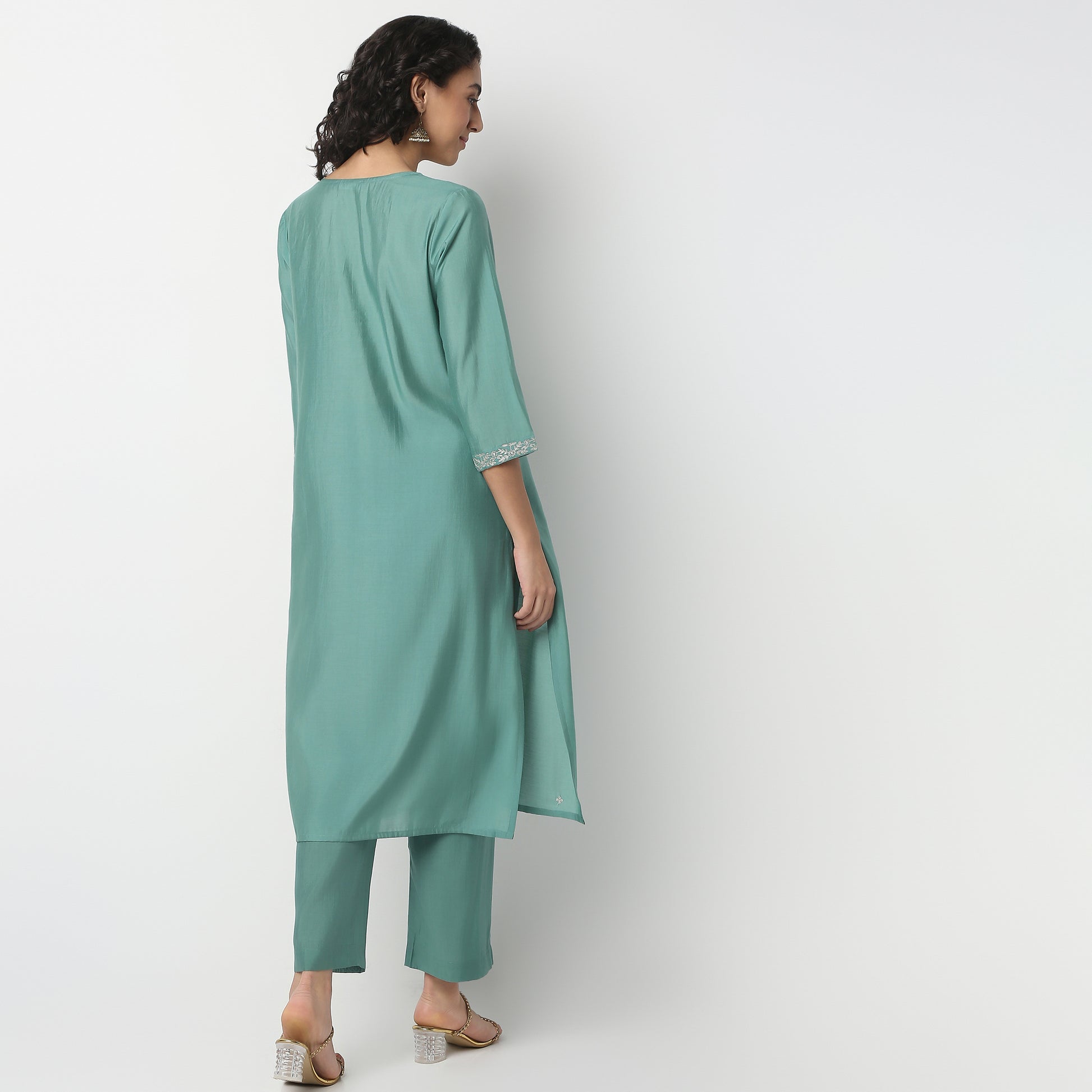 Straight Fit Embellished V-Neck Kurta and Pant with Dupatta Set