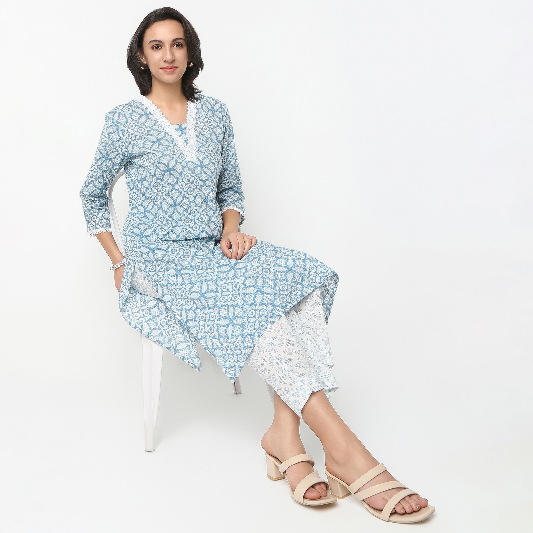 Straight Fit Printed V-Neck Kurta with Pant Set