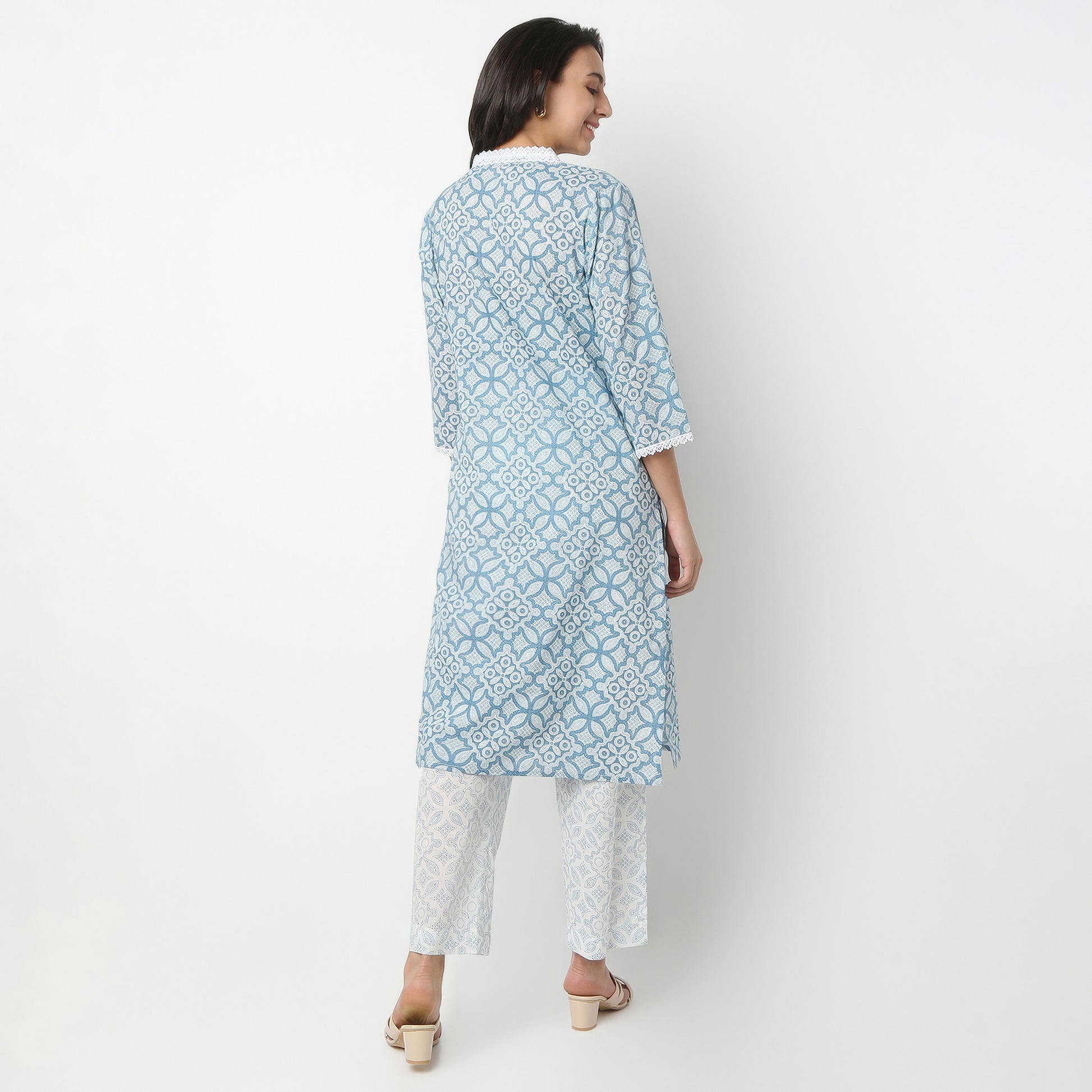 Straight Fit Printed V-Neck Kurta with Pant Set