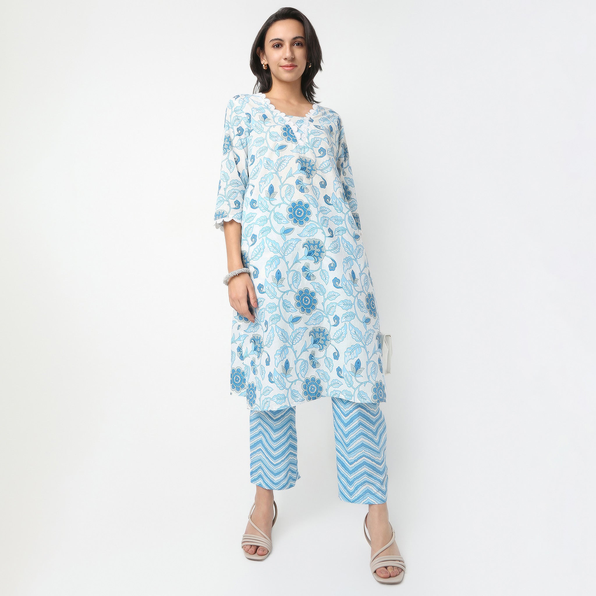 Straight Fit Printed V-Neck Kurta with Pant Set