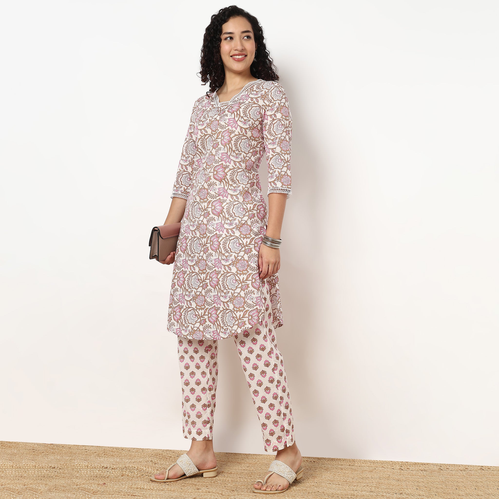 V-Neck Printed Kurta and Pant Set