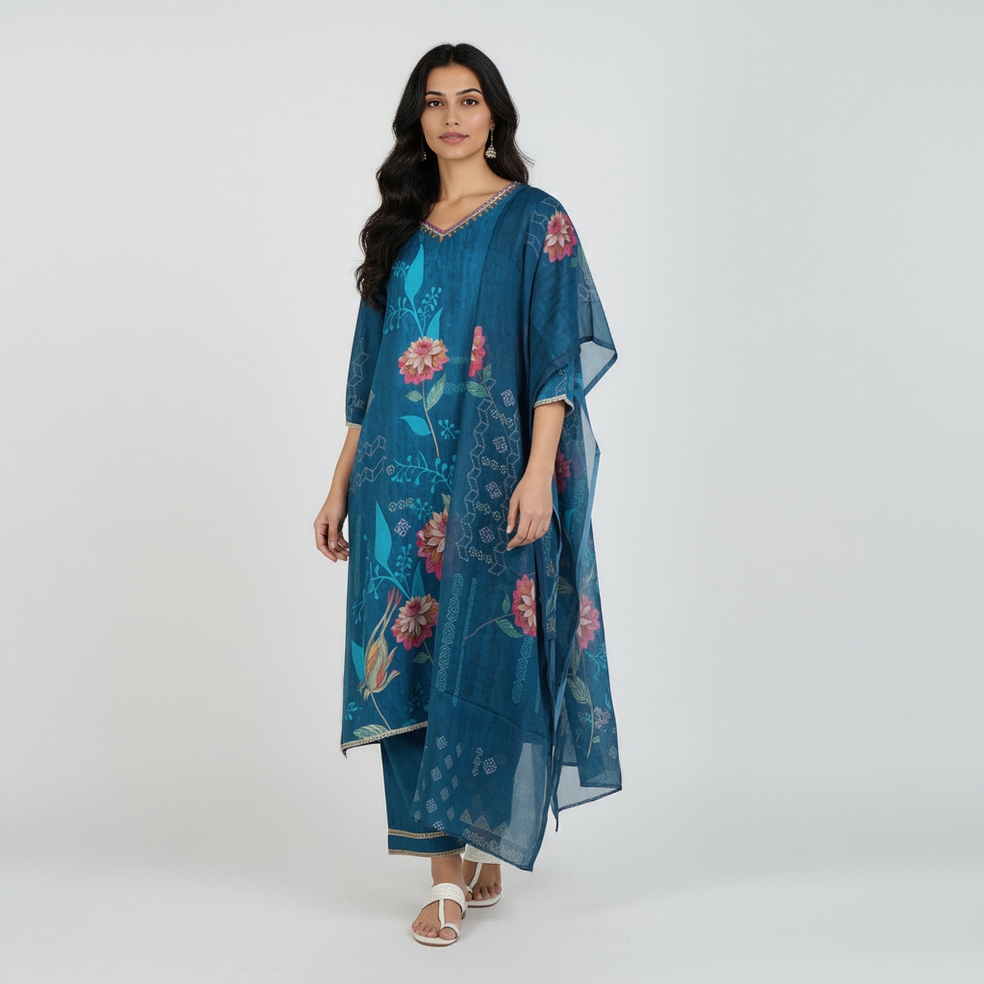 V-Neck Printed Kurta and Pant with Dupatta Set