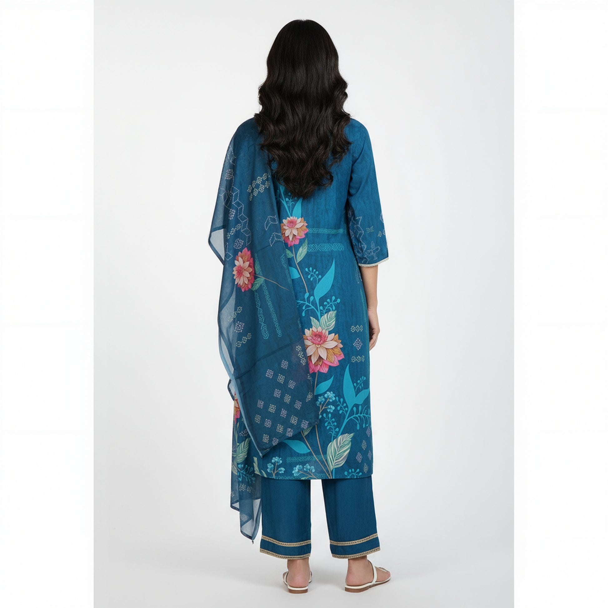 V-Neck Printed Kurta and Pant with Dupatta Set