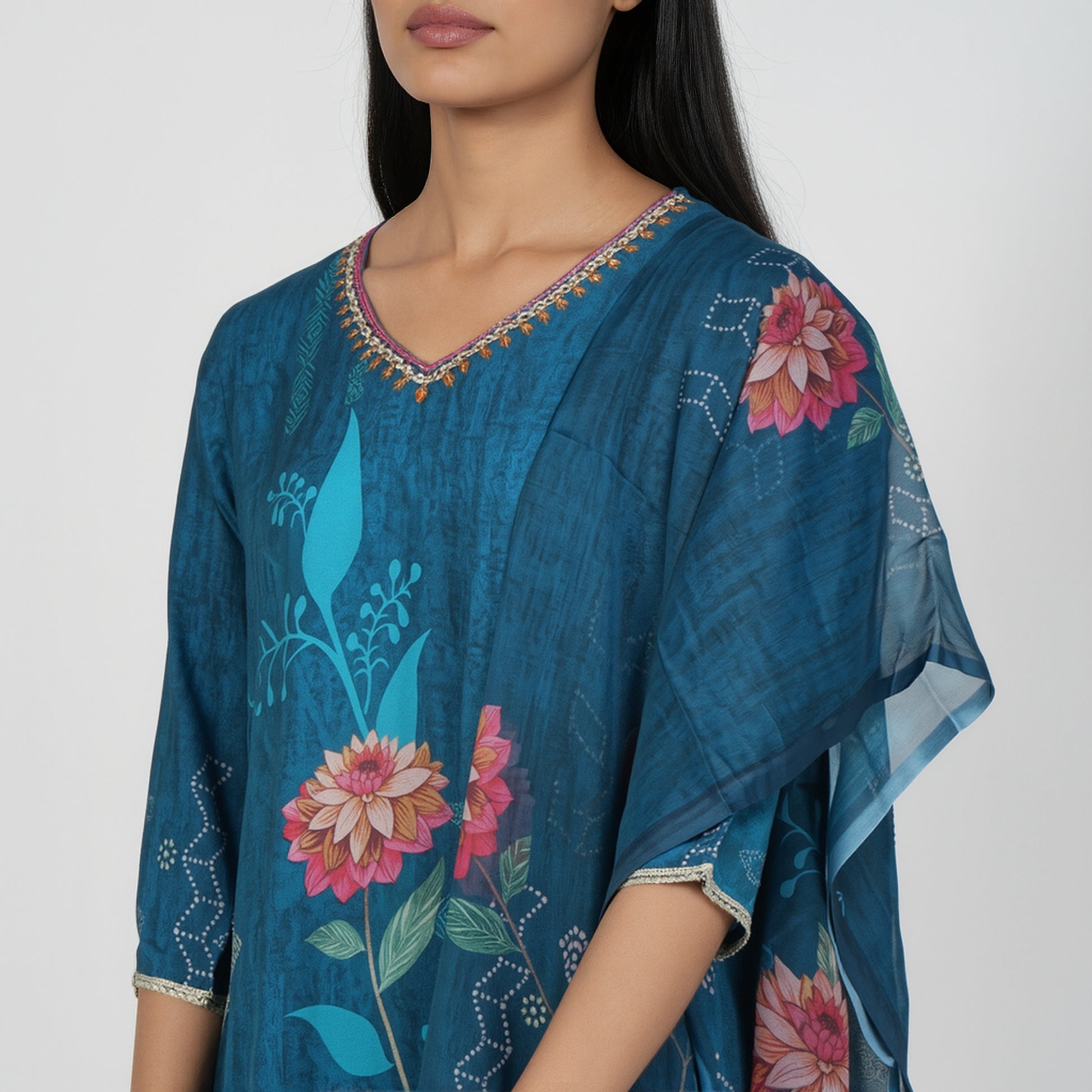 V-Neck Printed Kurta and Pant with Dupatta Set