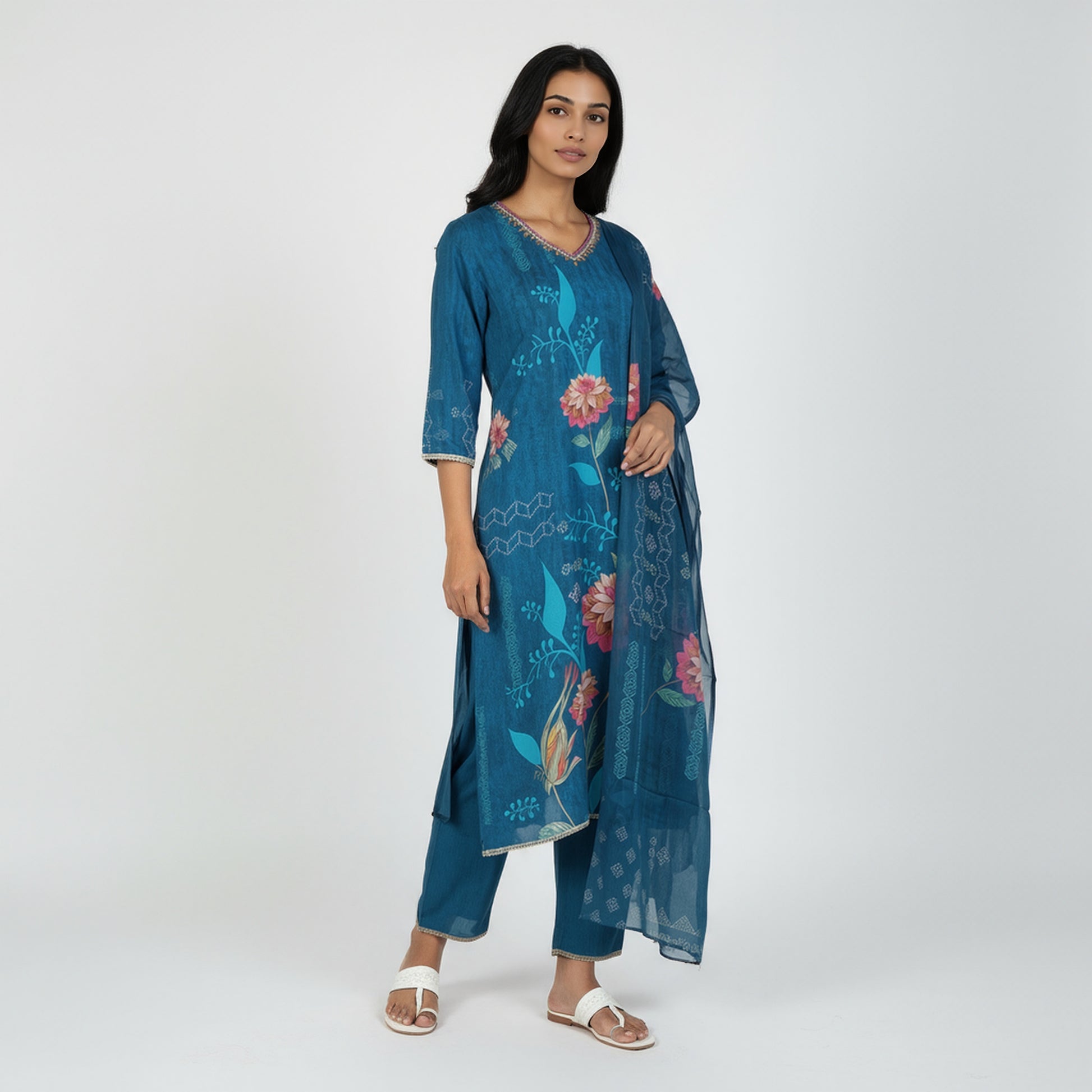 V-Neck Printed Kurta and Pant with Dupatta Set