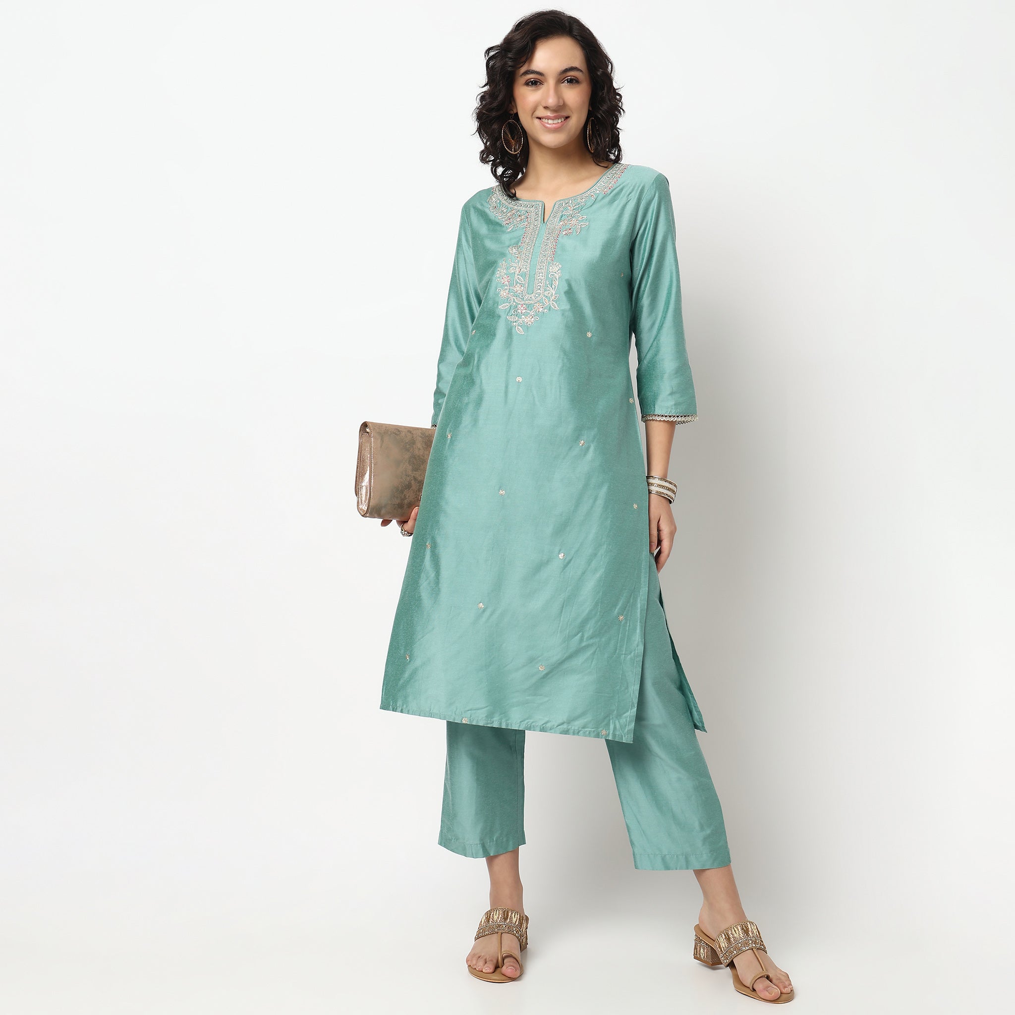 Buy Women Straight Fit Embroidered Three-Fourth Sleeve Kurta with Pant Set  - Style Union