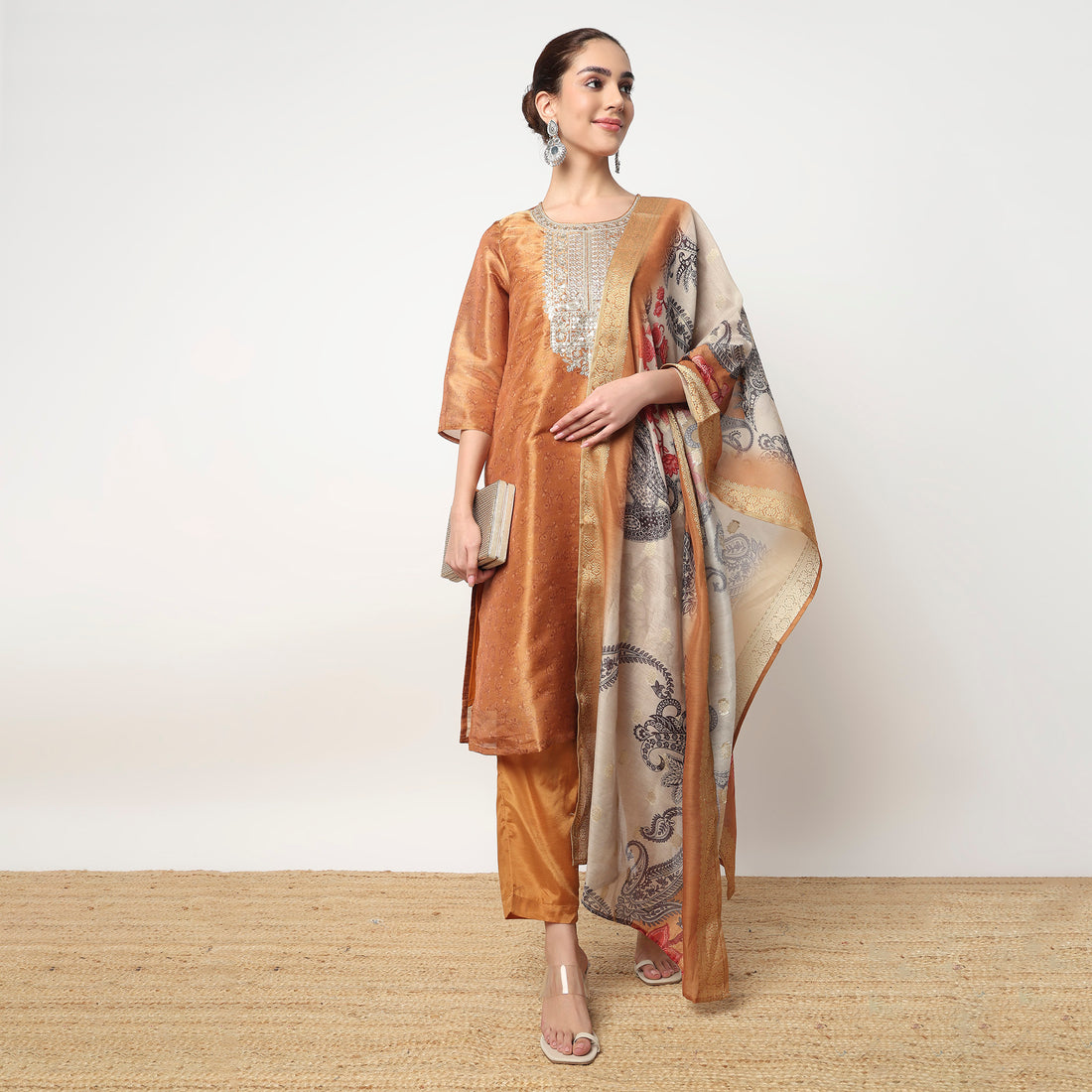 Embellished Straight Kurta with Pant and Dupatta Set
