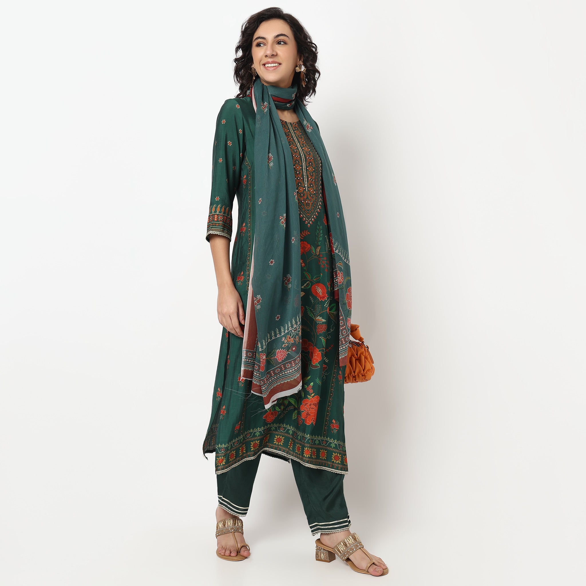 Buy Women Straight Fit Printed Three-Fourth Sleeve Kurta and Pant with Dupatta Set  - Style Union