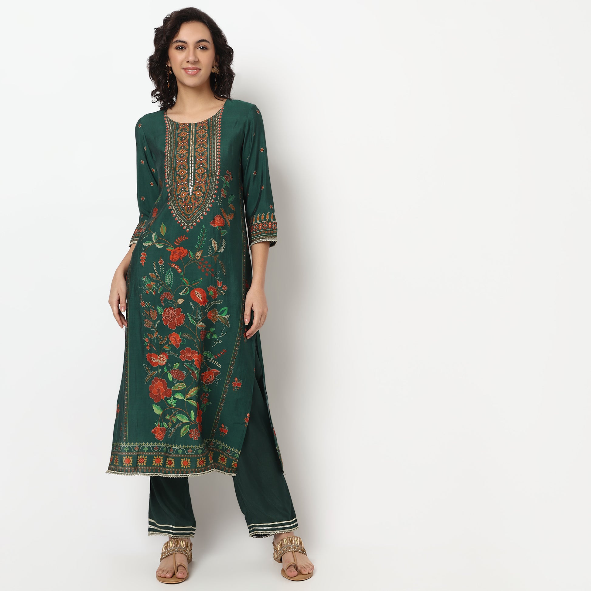 Buy Women Straight Fit Printed Three-Fourth Sleeve Kurta and Pant with Dupatta Set  - Style Union
