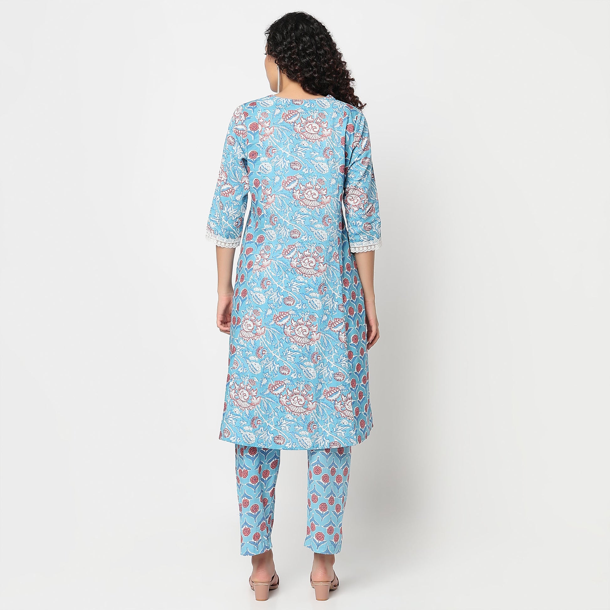 Flare Fit Printed V-Neck Kurta with Pant Set