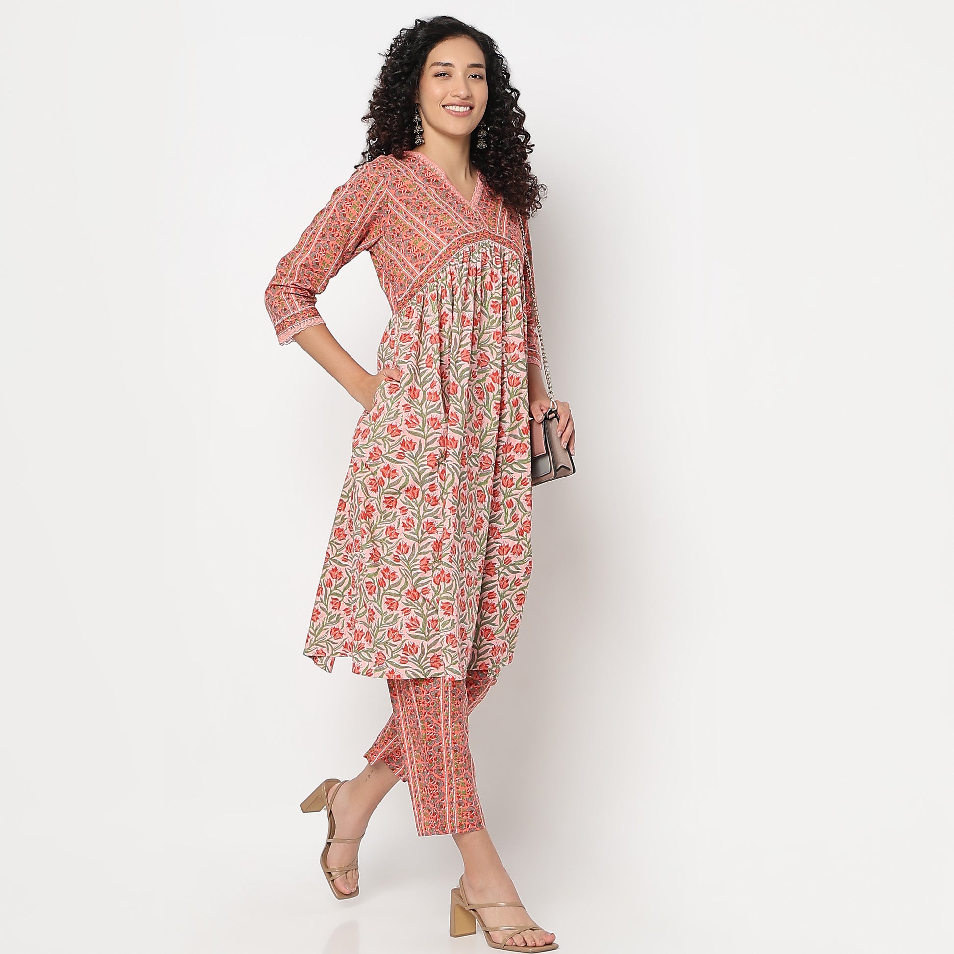 Flare Fit Printed V-Neck Kurta with Pant Set