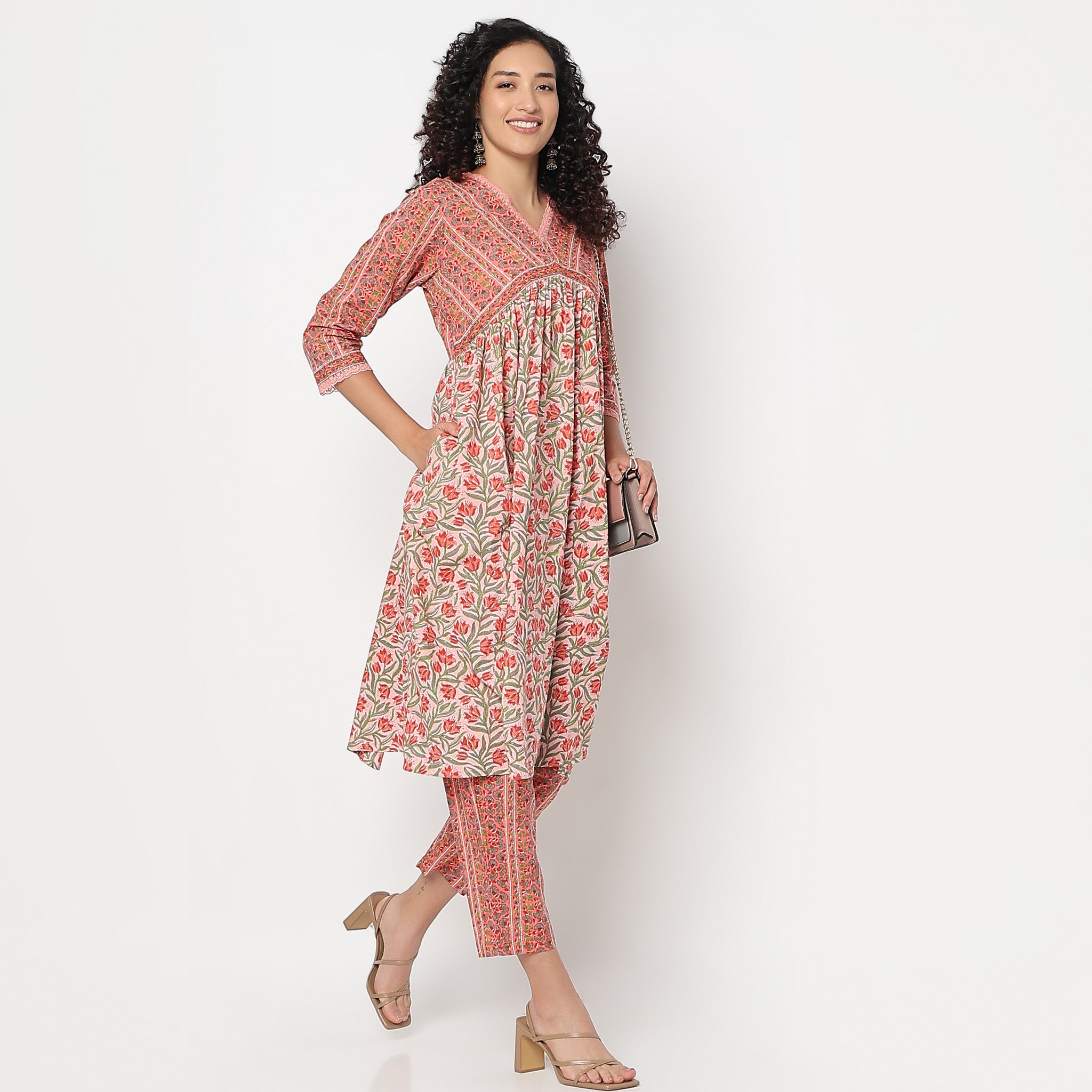 Flare Fit Printed V-Neck Kurta with Pant Set