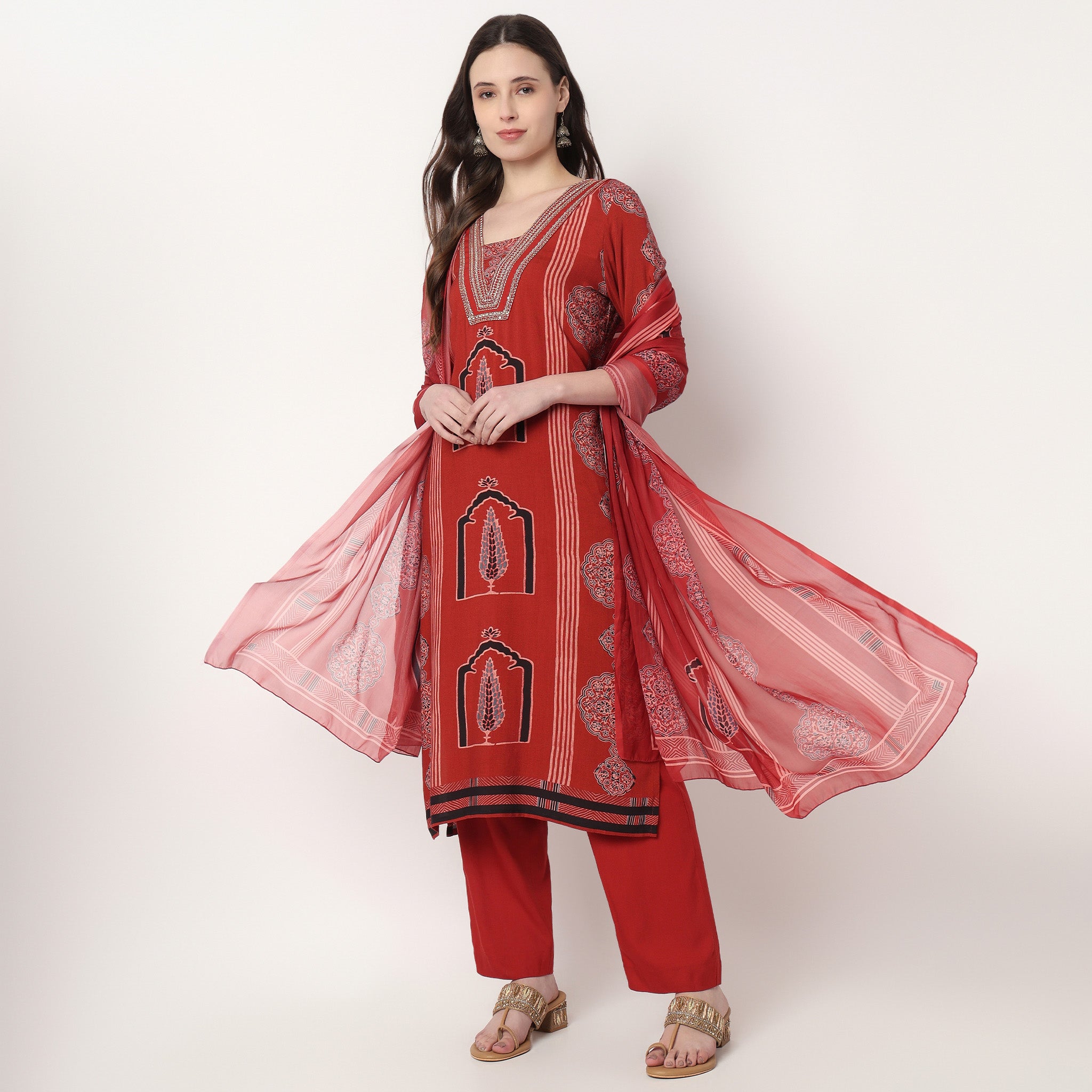 Printed V-Neck Straight Kurta with Pant Set