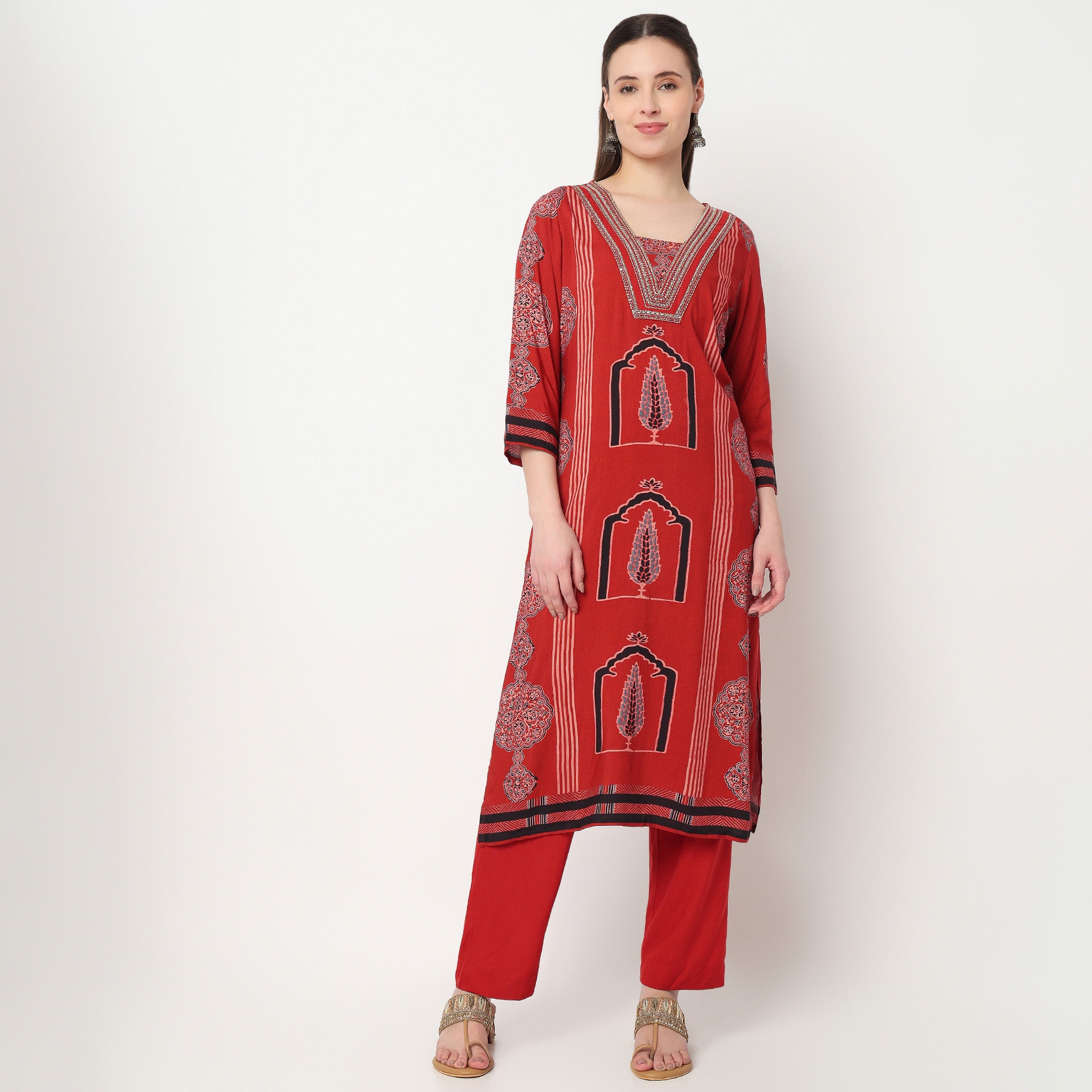 Printed V-Neck Straight Kurta with Pant Set