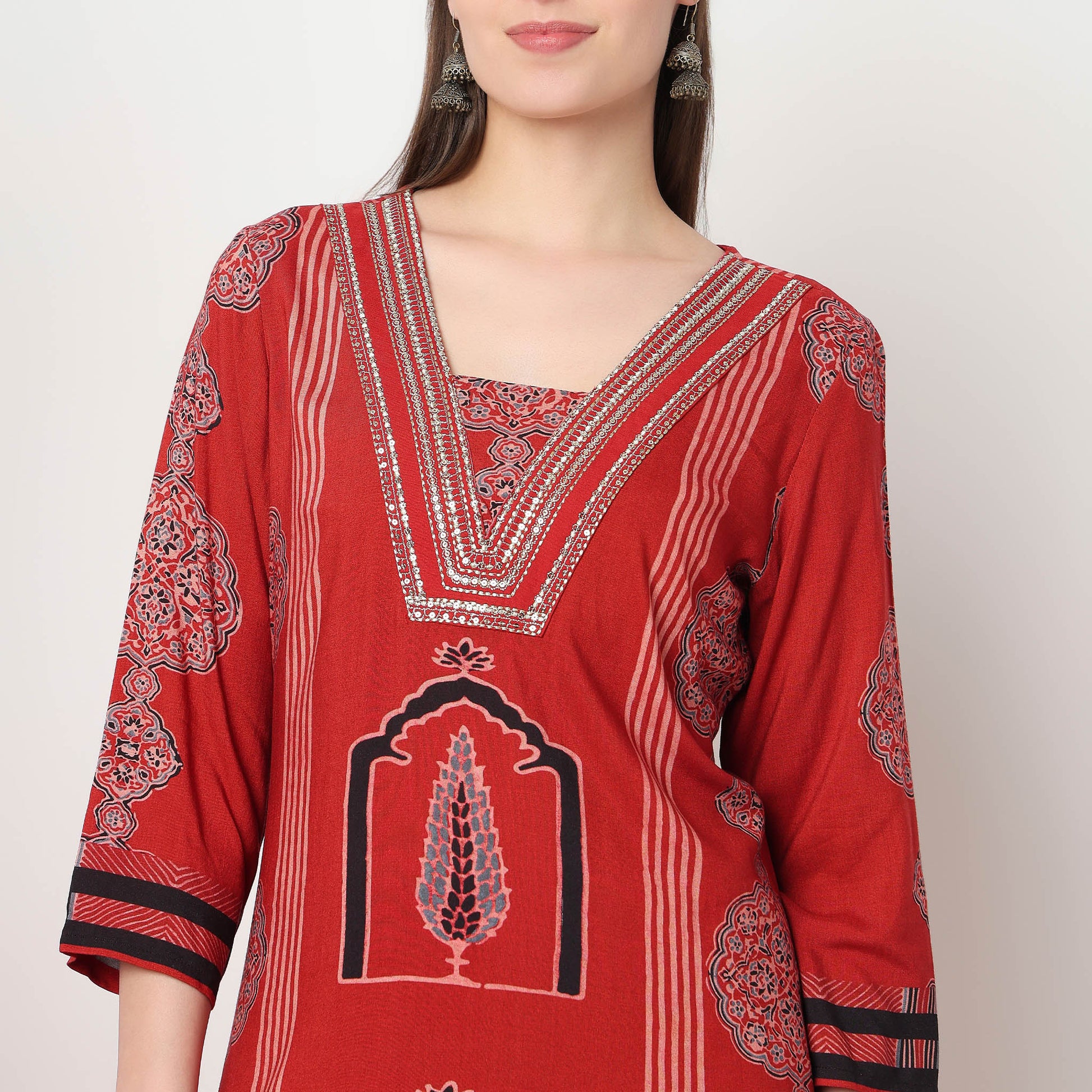 Printed V-Neck Straight Kurta with Pant Set
