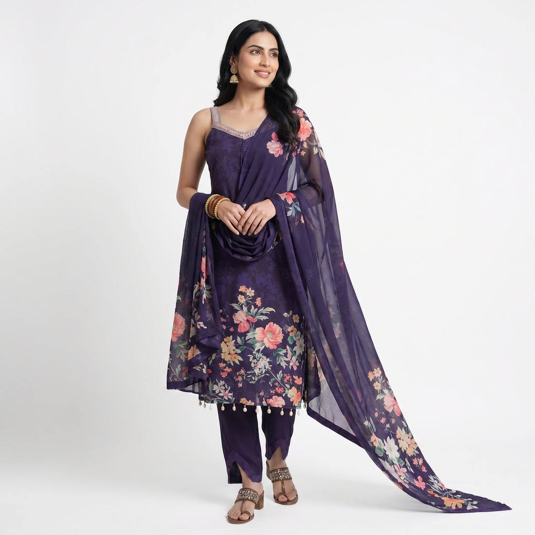 Printed V-Neck Kurta with Pant and Dupatta Set