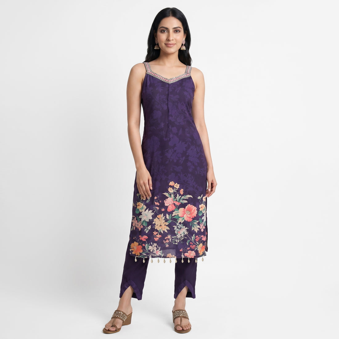 Printed V-Neck Kurta with Pant and Dupatta Set