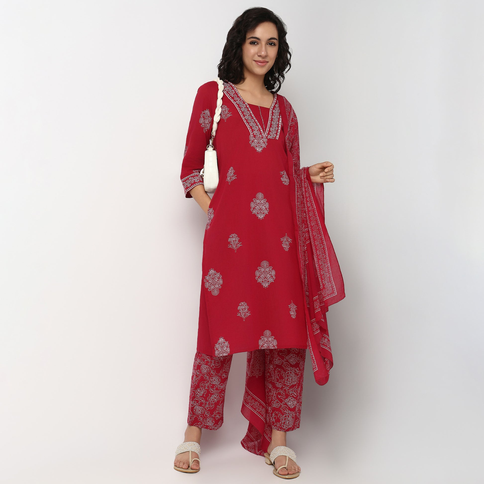 Buy Women Straight Fit Printed Three-Fourth Sleeve Kurta and Pant with Dupatta Set  - Style Union