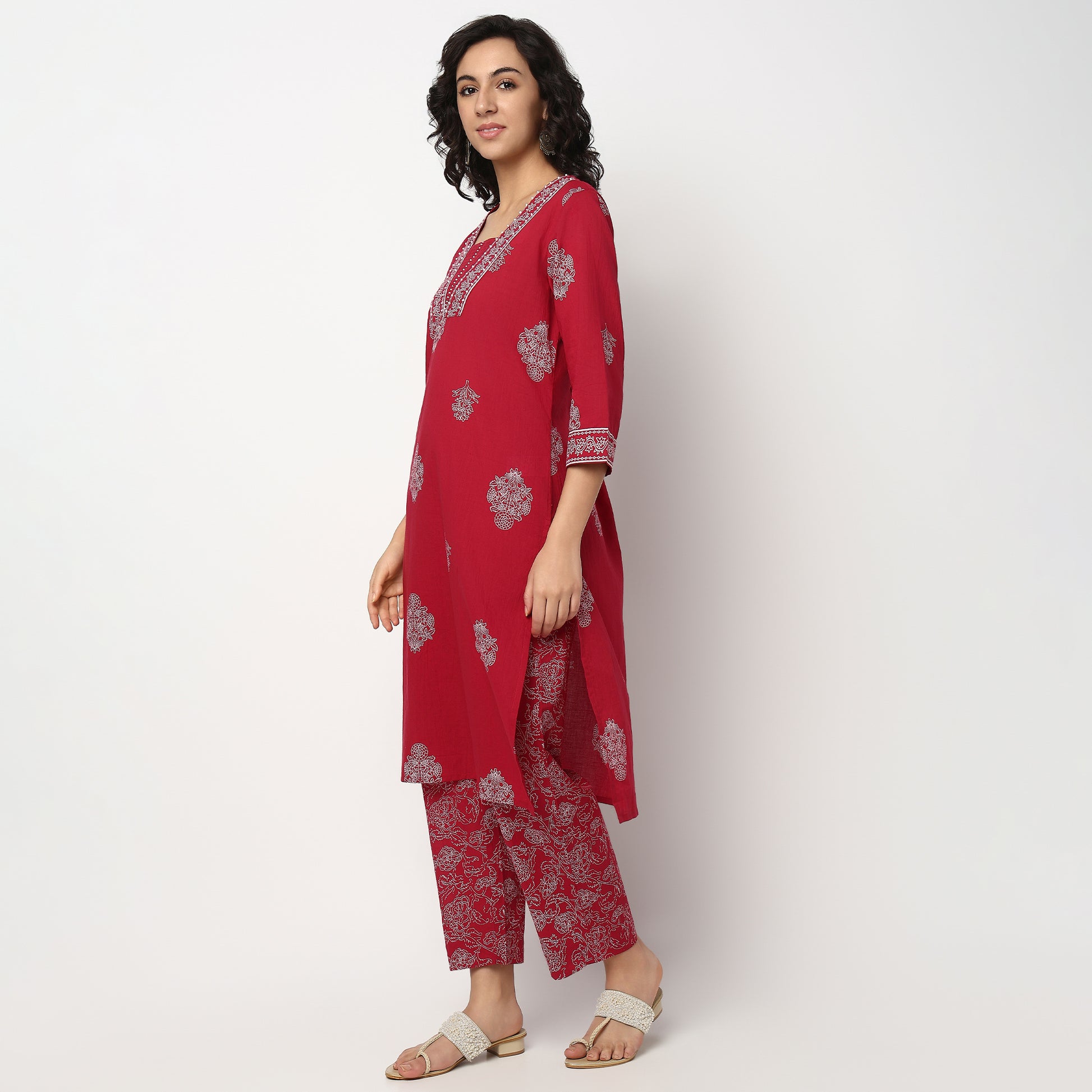 Buy Women Straight Fit Printed Three-Fourth Sleeve Kurta and Pant with Dupatta Set  - Style Union
