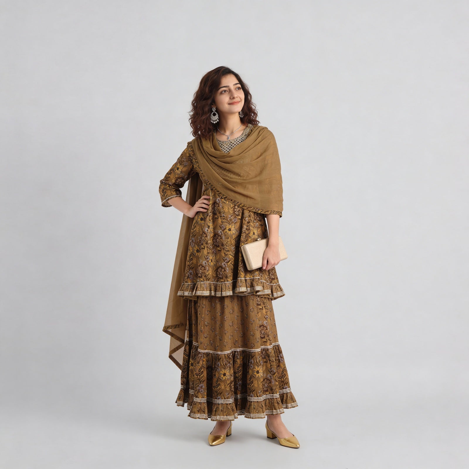 Cotton Printed Kalidar Kurta with Sharara & with Dupatta Set