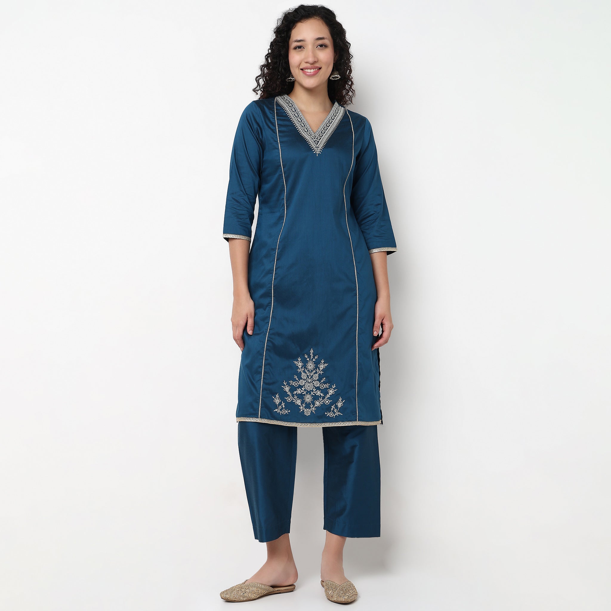 V-Neck Embellished Kurta and Pant with Dupatta Set