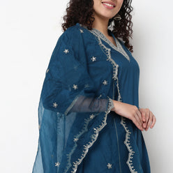 V-Neck Embellished Kurta and Pant with Dupatta Set