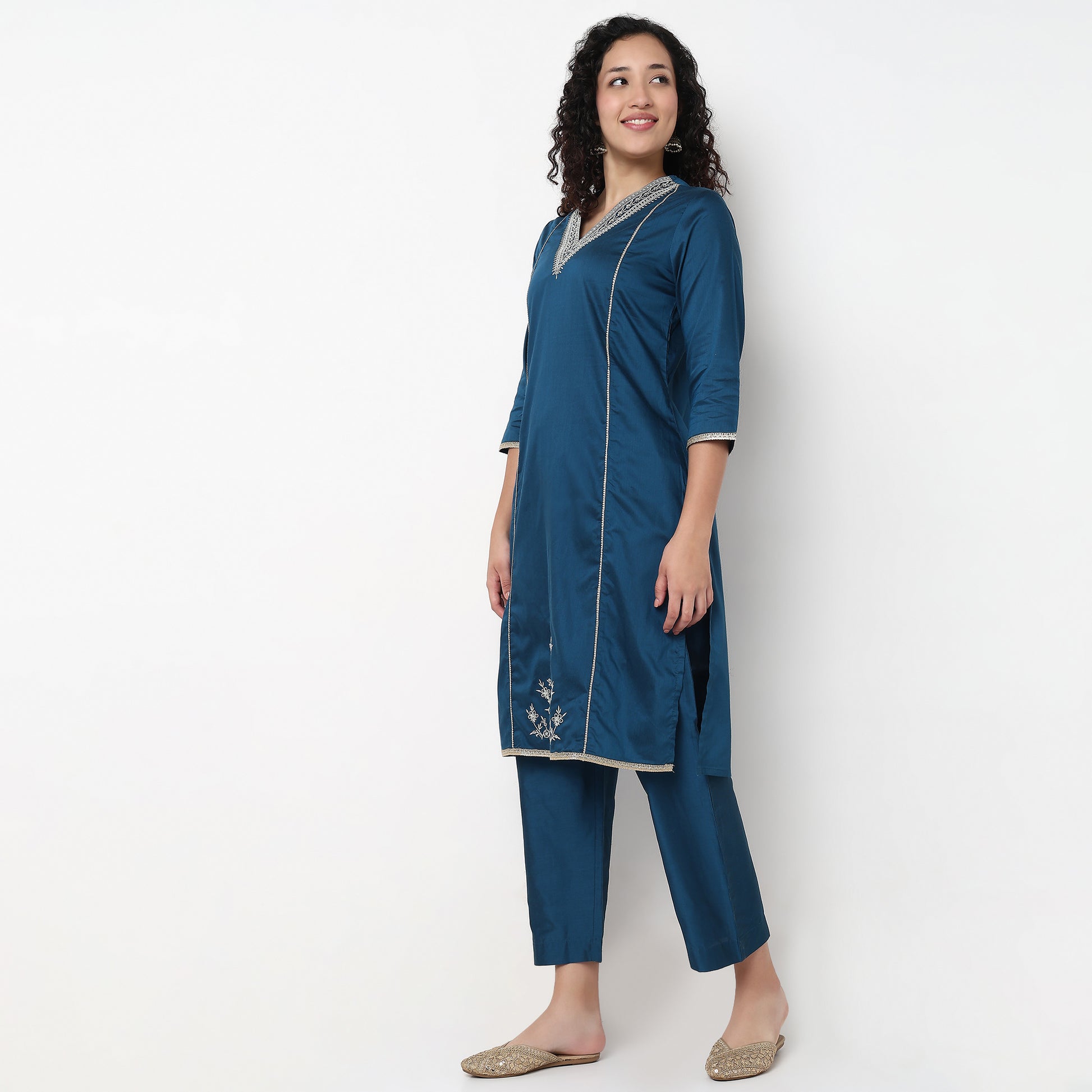 V-Neck Embellished Kurta and Pant with Dupatta Set