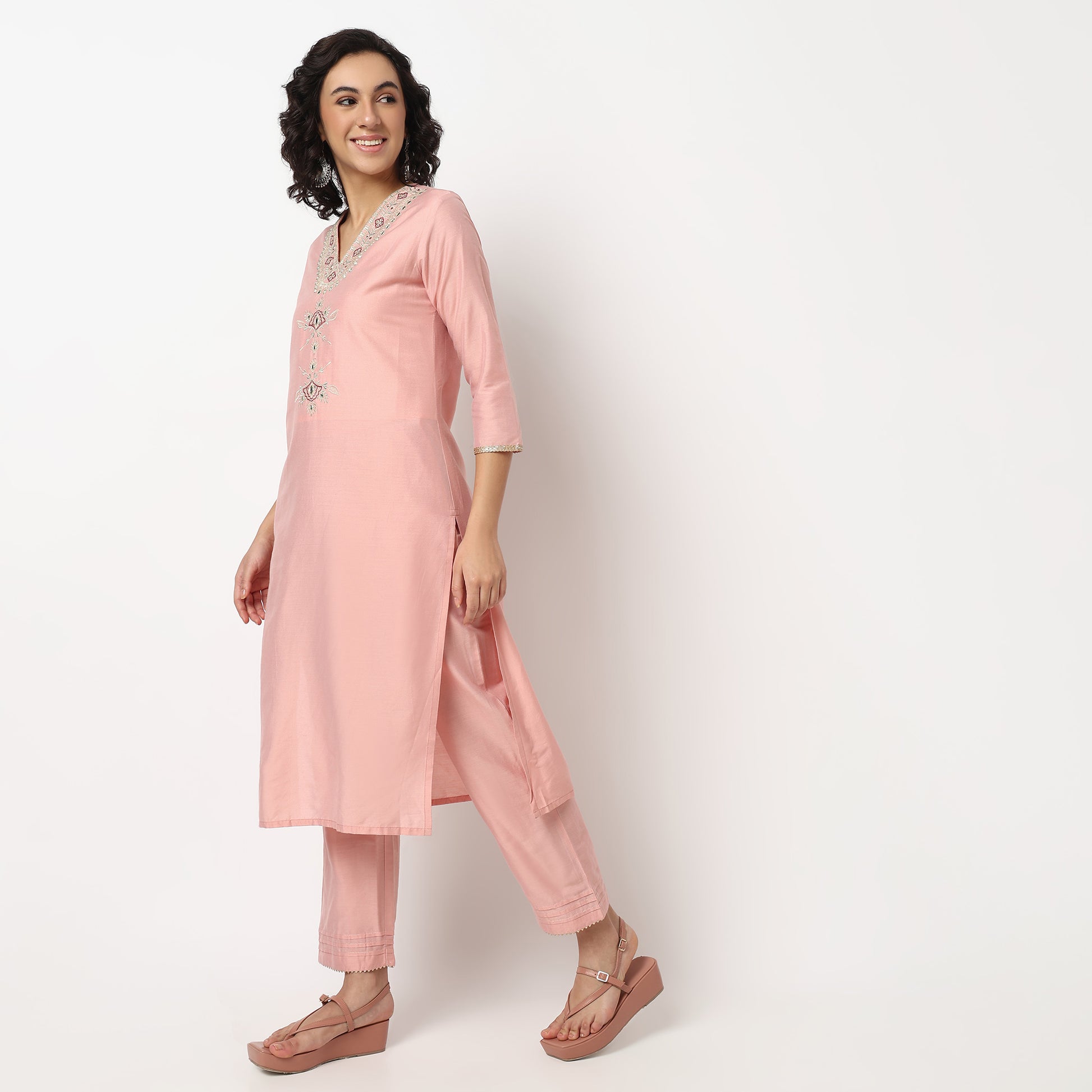 Buy Women Straight Fit Embroidered Three-Fourth Sleeve Kurta and Pant with Dupatta Set  - Style Union