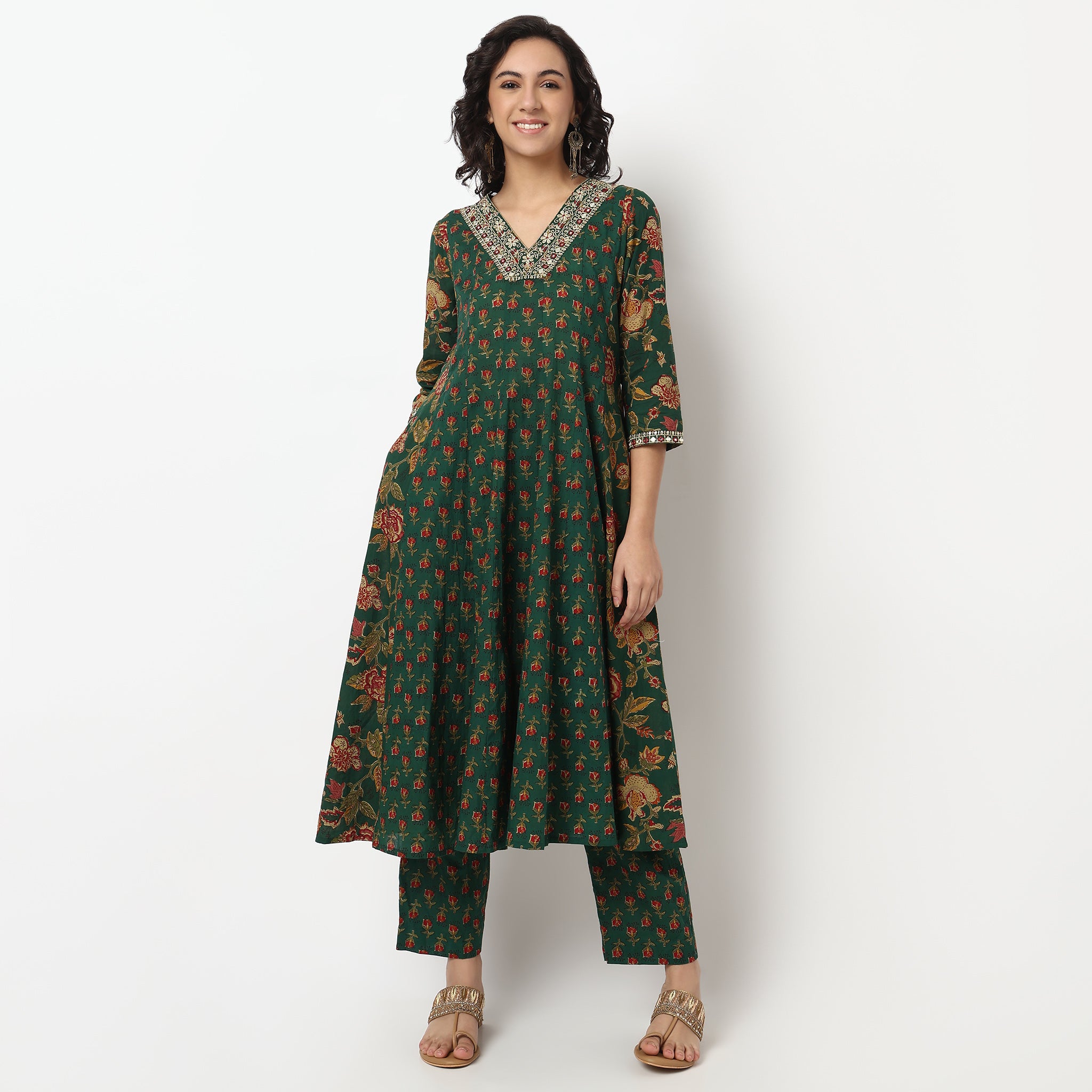 Buy Women Flare Fit Printed Three-Fourth Sleeve Kurta and Pant with Dupatta Set  - Style Union