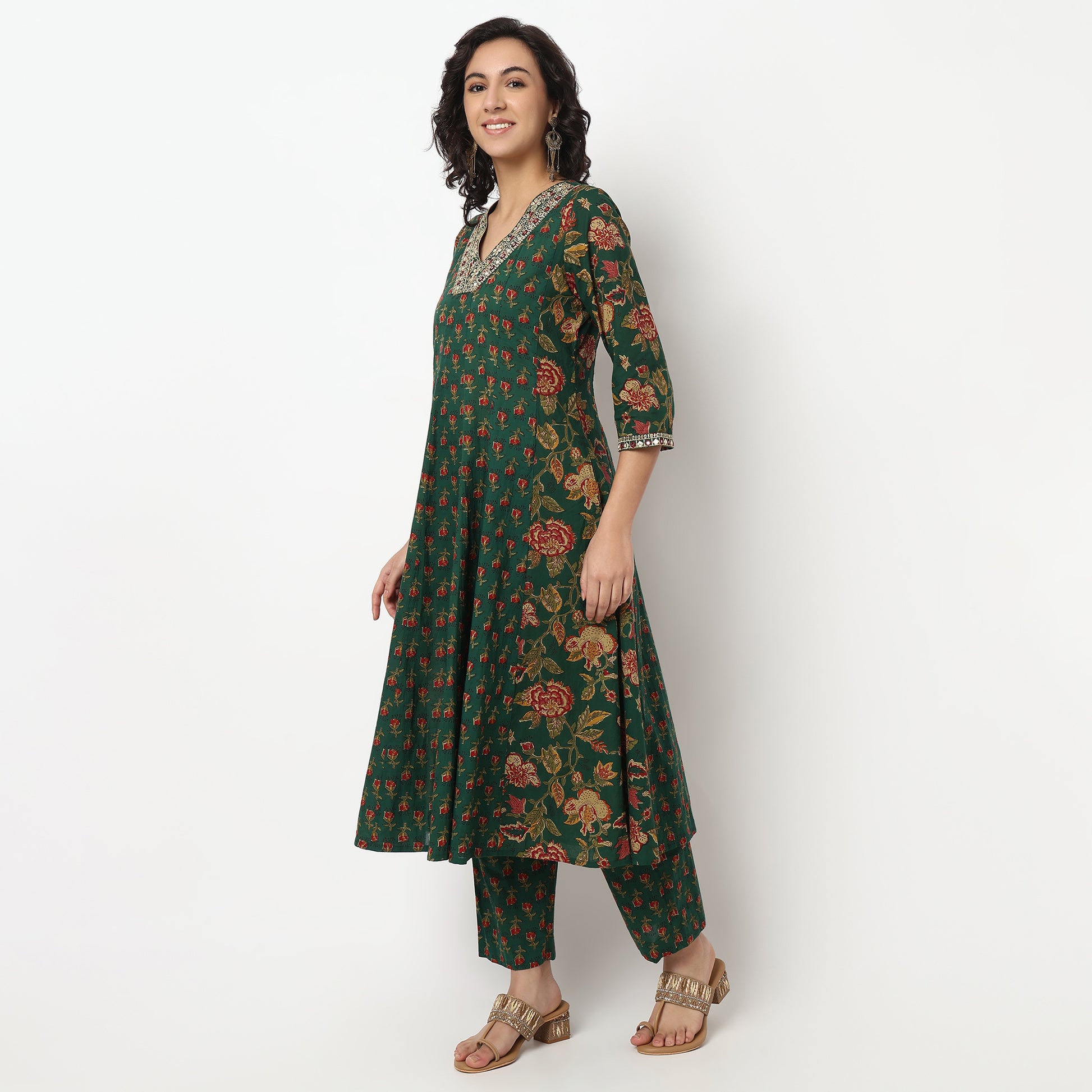 Buy Women Flare Fit Printed Three-Fourth Sleeve Kurta and Pant with Dupatta Set  - Style Union