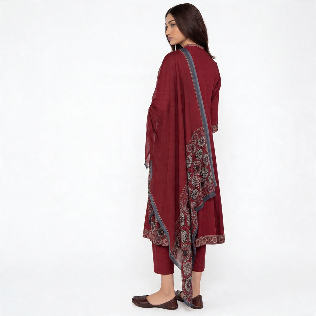 V-Neck Printed Kalidar Kurta with Pant and Dupatta Set