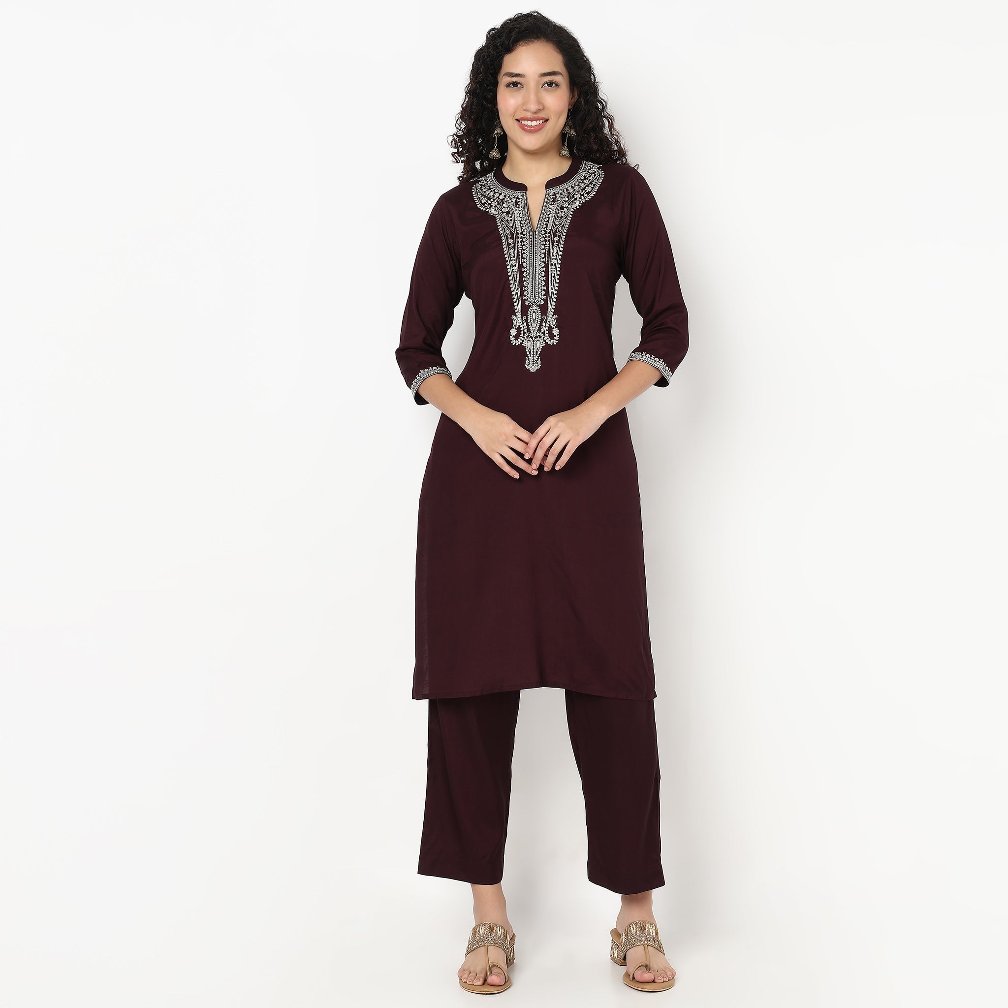 Band Collar Embroidered Kurta and Pant Set