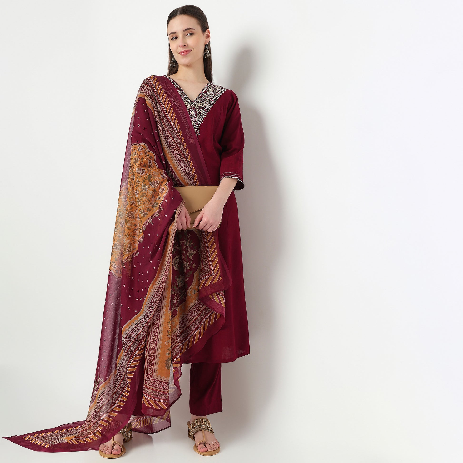 Embroidered V-Neck Kalidar Kurta with Pant Set