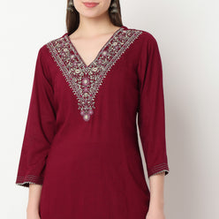 Embroidered V-Neck Kalidar Kurta with Pant Set