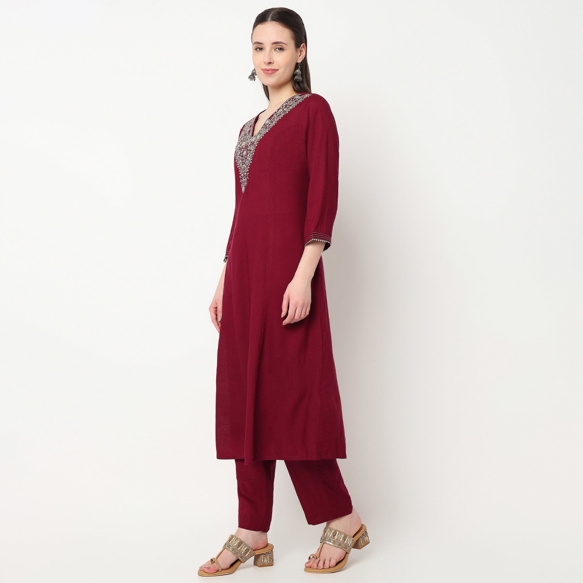 Embroidered V-Neck Kalidar Kurta with Pant Set