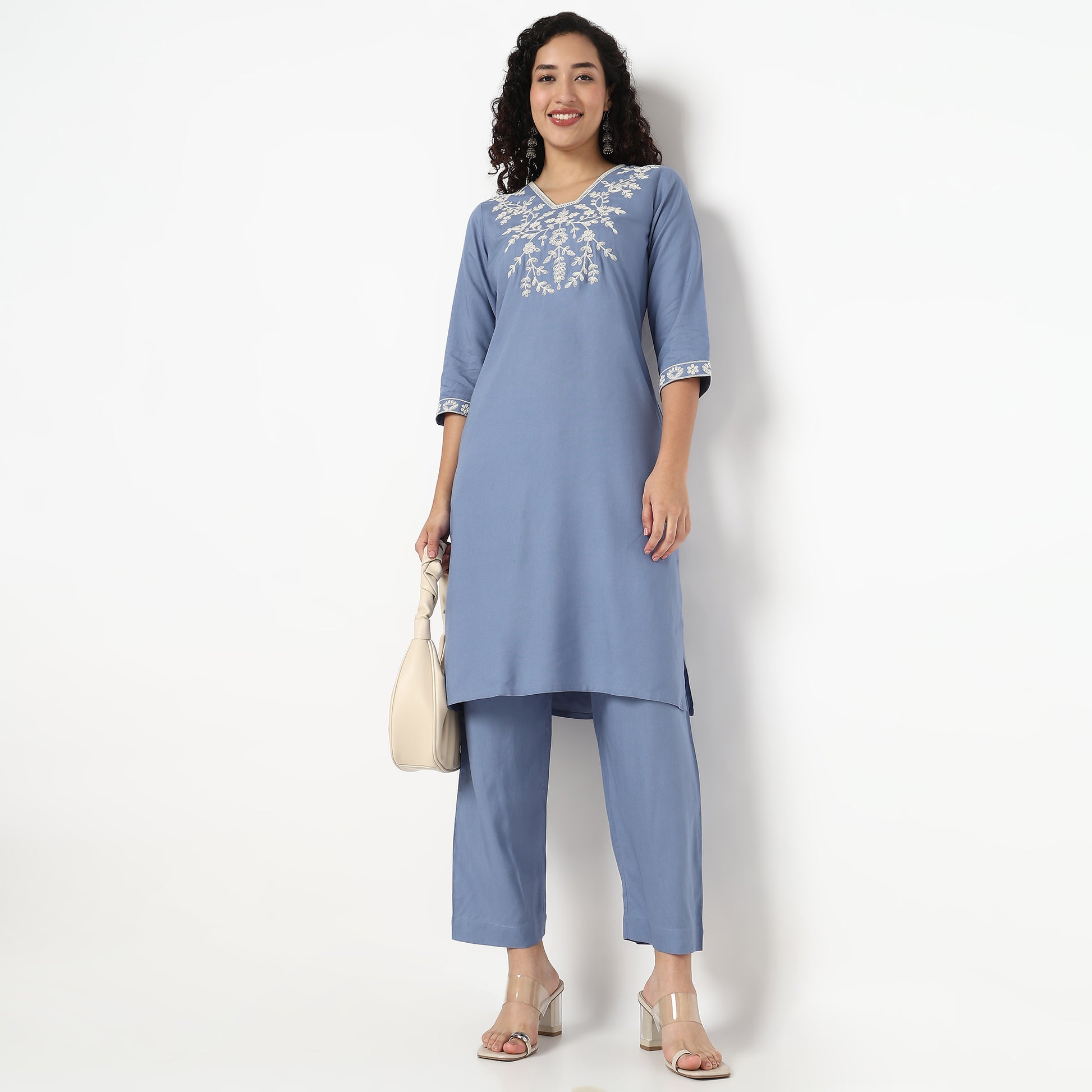 V-Neck Embroidered Kurta and Pant Set