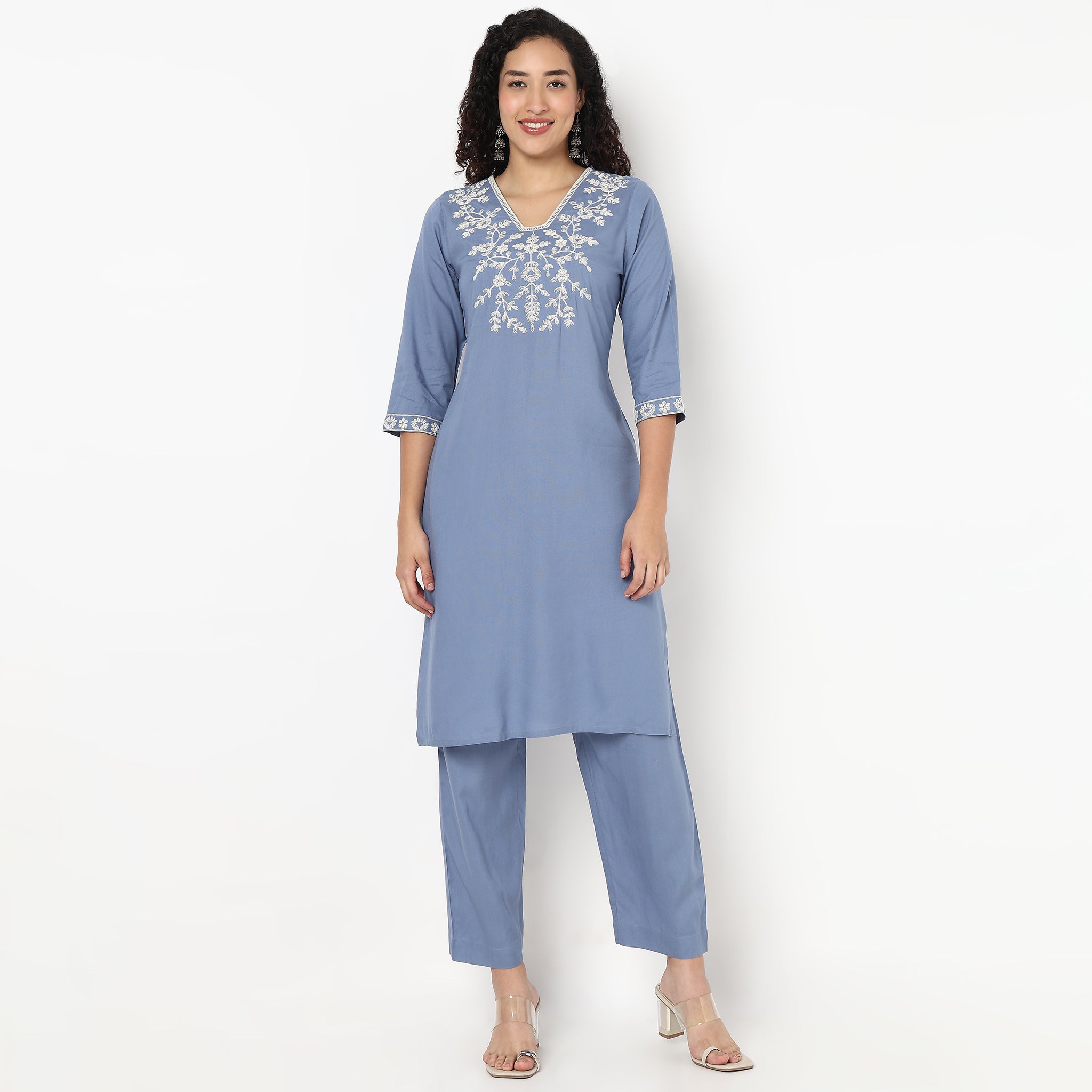V-Neck Embroidered Kurta and Pant Set