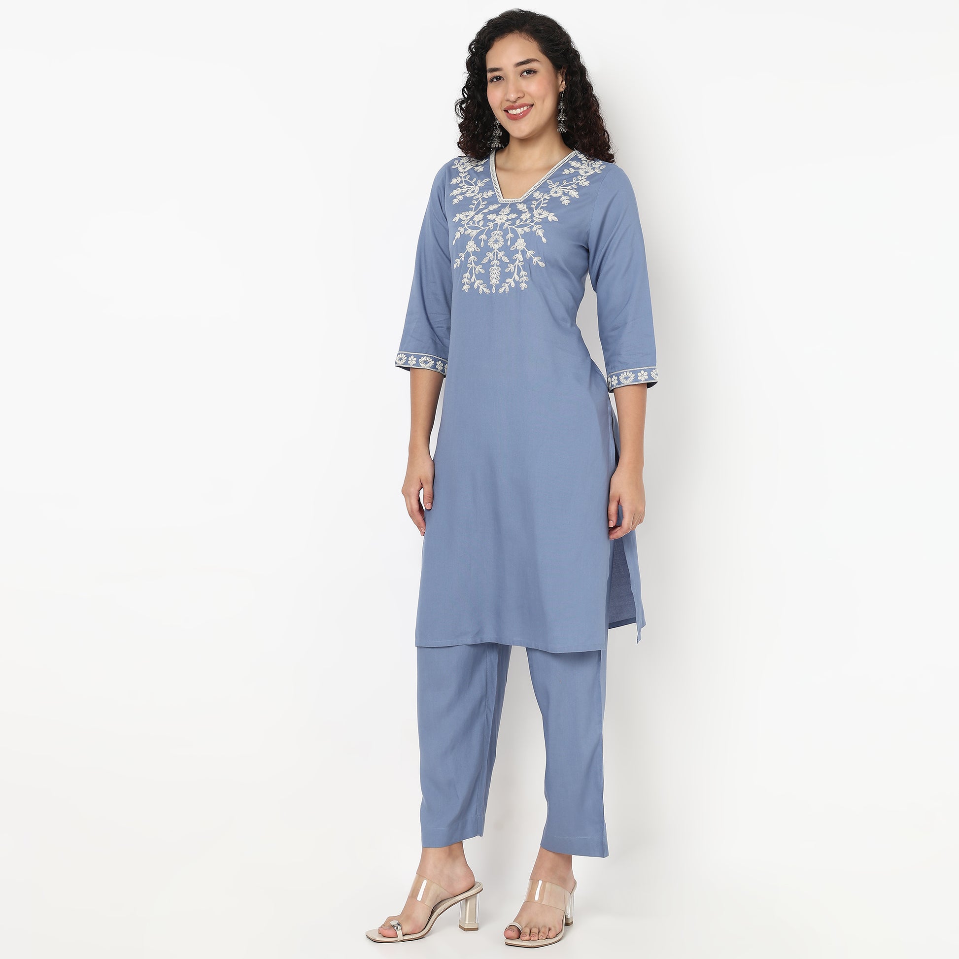 V-Neck Embroidered Kurta and Pant Set