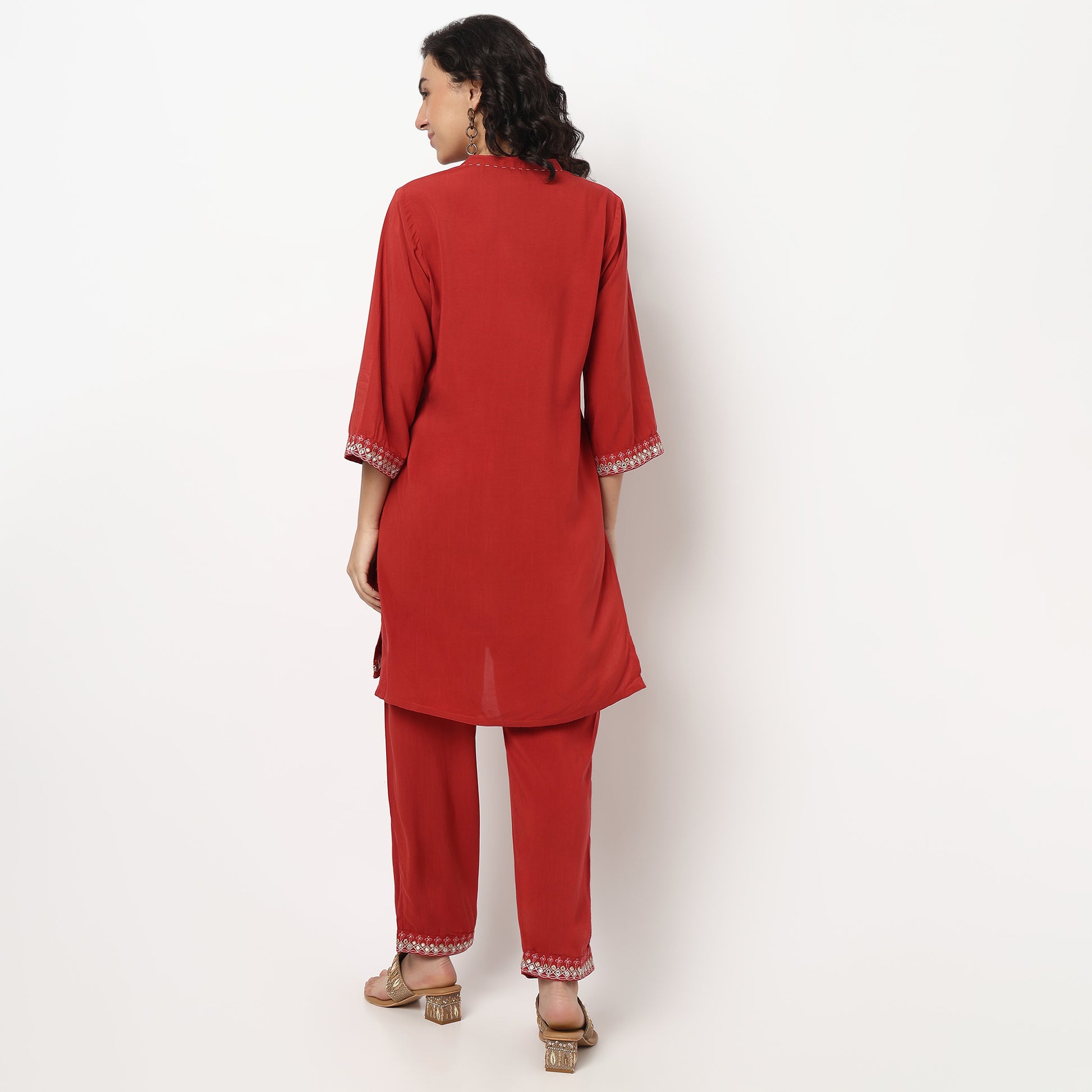 Buy Women Straight Fit Embroidered Three-Fourth Sleeve Kurta with Pant Set  - Style Union