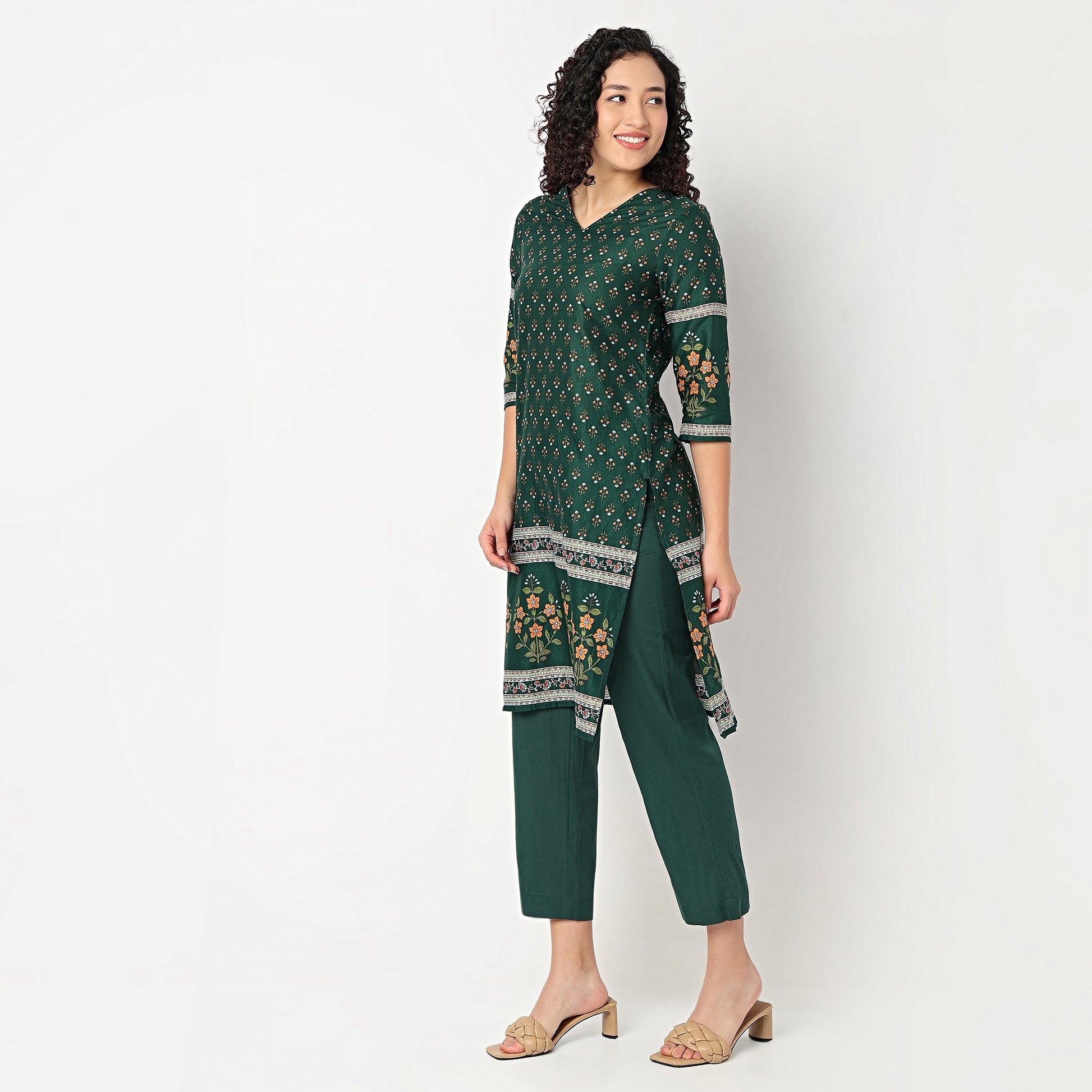 Printed V-Neck Straight Kurta with Pant Set