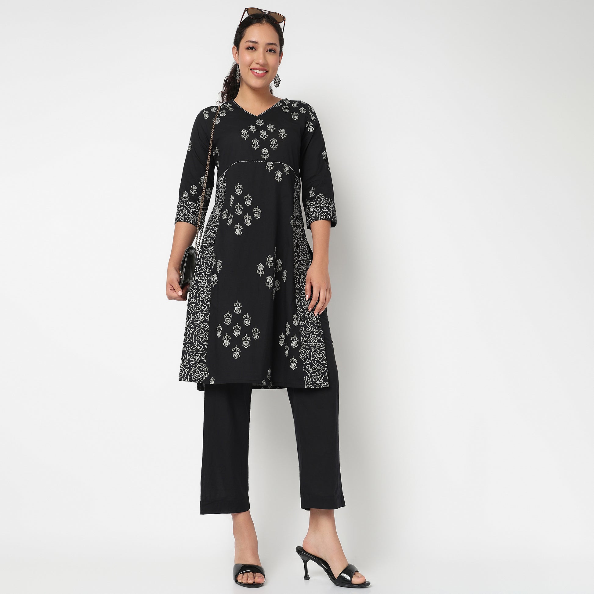 V Neck Printed A line Kurta Set