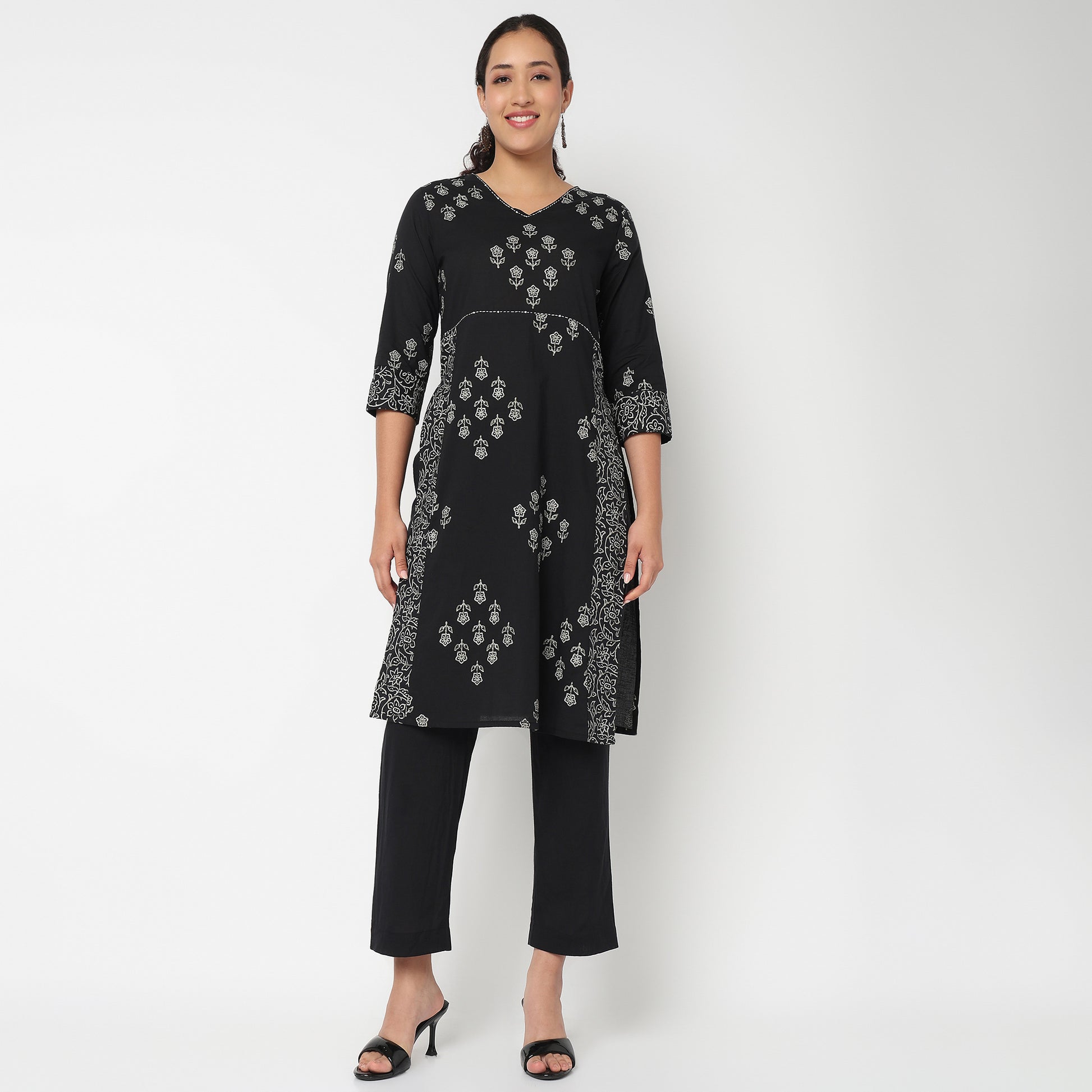 V Neck Printed A line Kurta Set