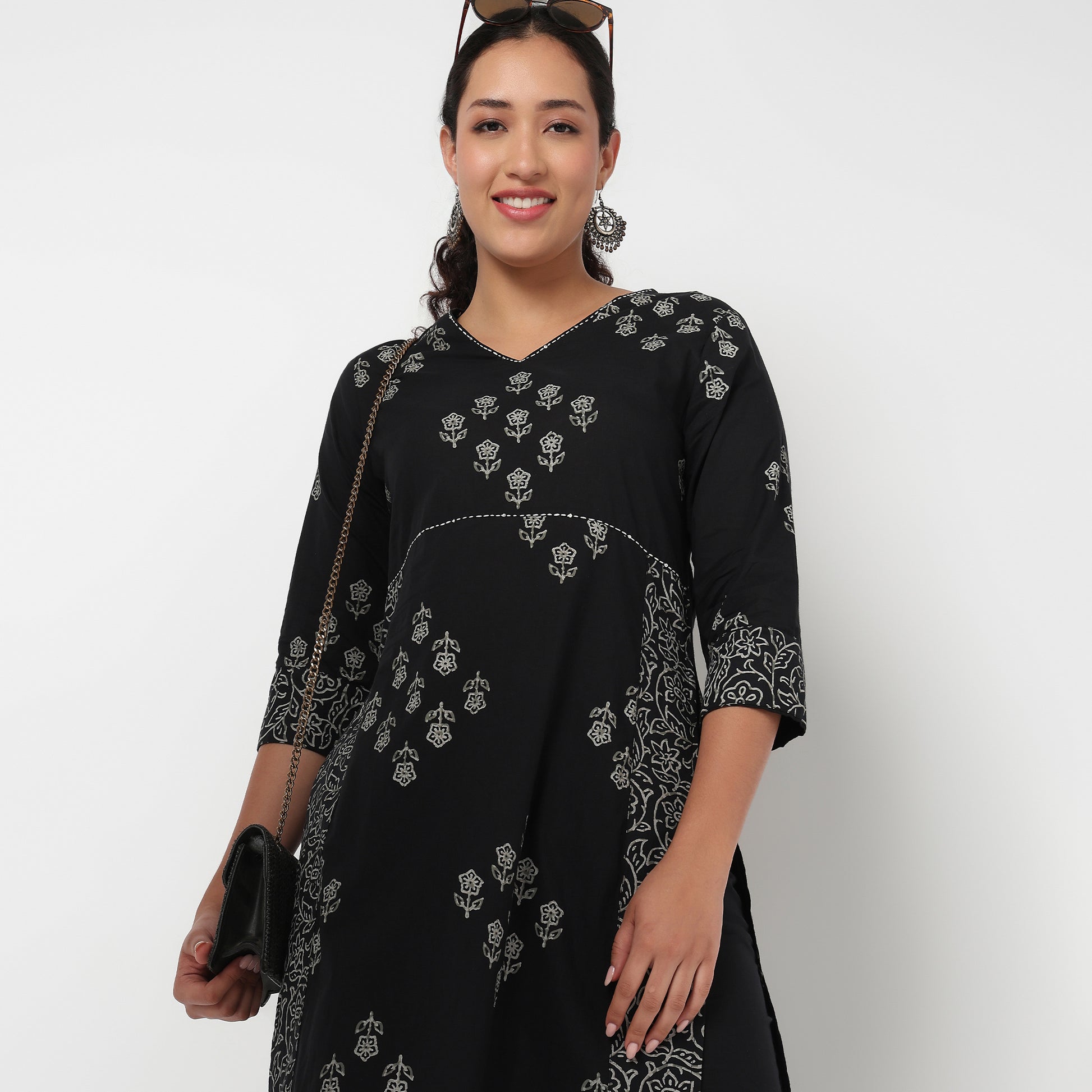 V Neck Printed A line Kurta Set