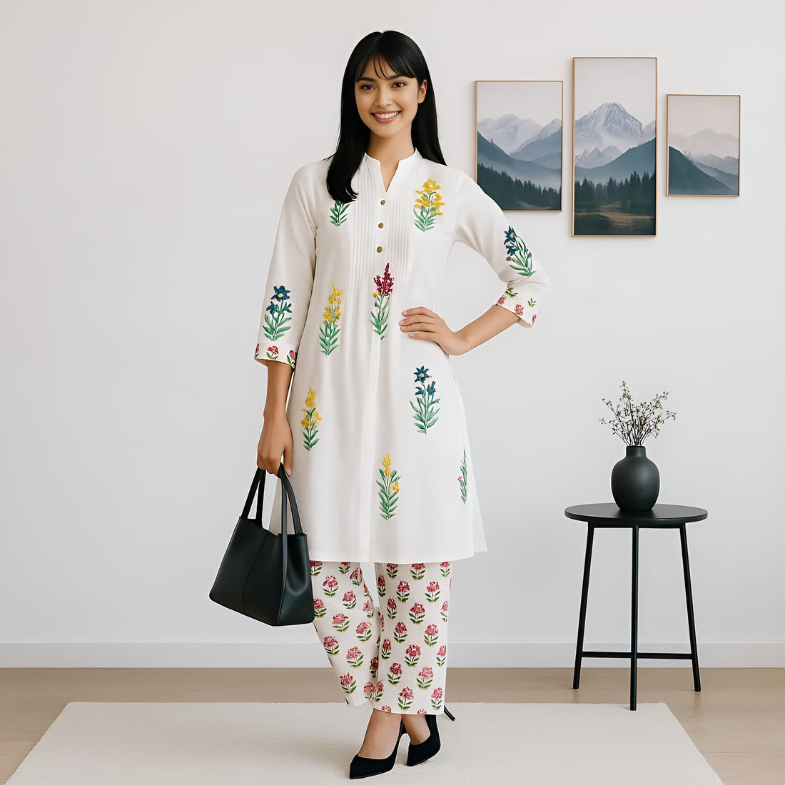 Band Collar Prinetd Flared Kurta and Pant Set