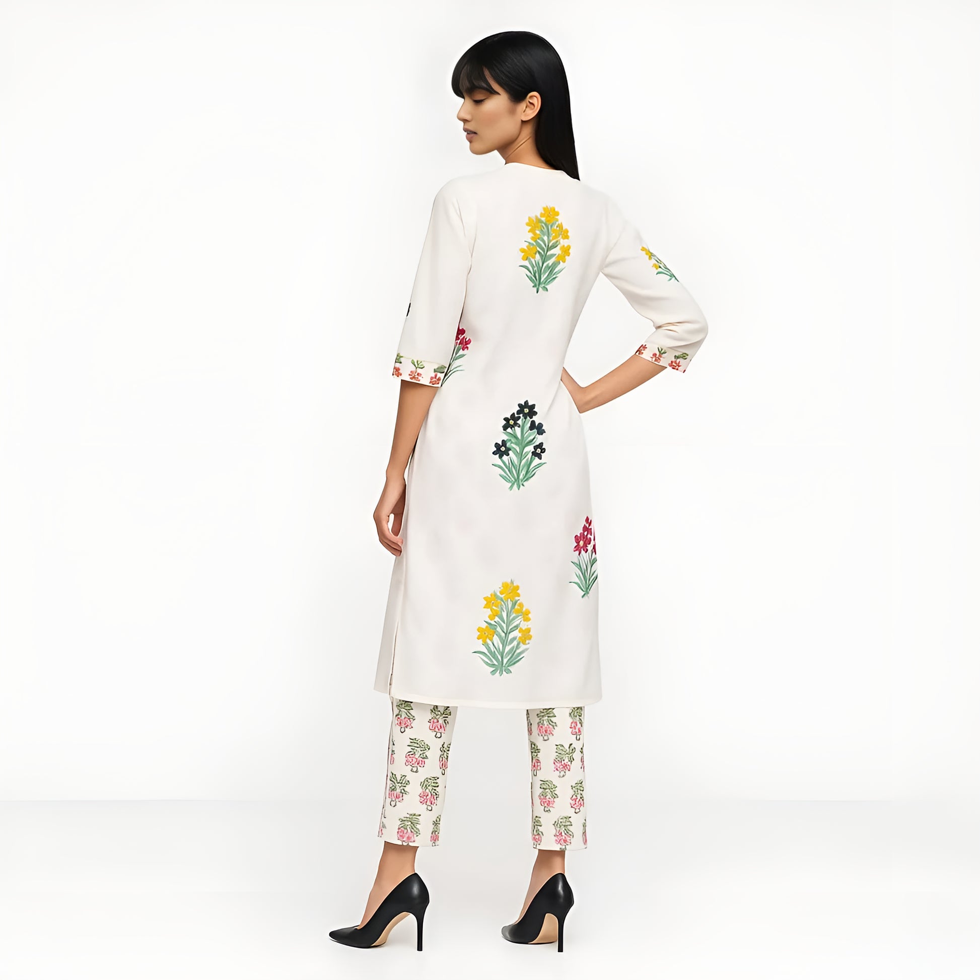 Band Collar Prinetd Flared Kurta and Pant Set