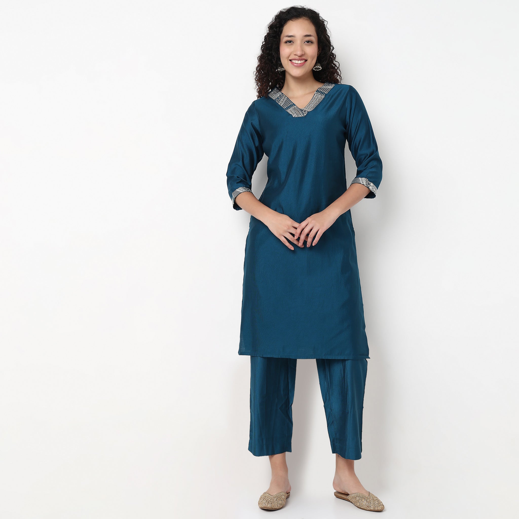 V-Neck Embroidered Kurta and Pant Set