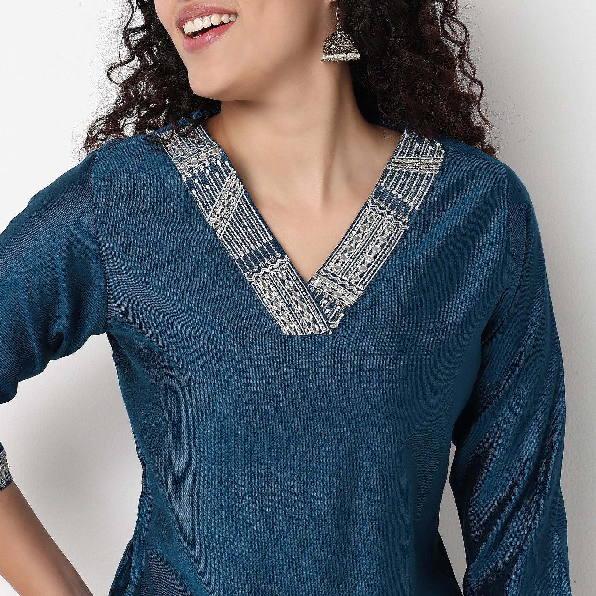 V-Neck Embroidered Kurta and Pant Set