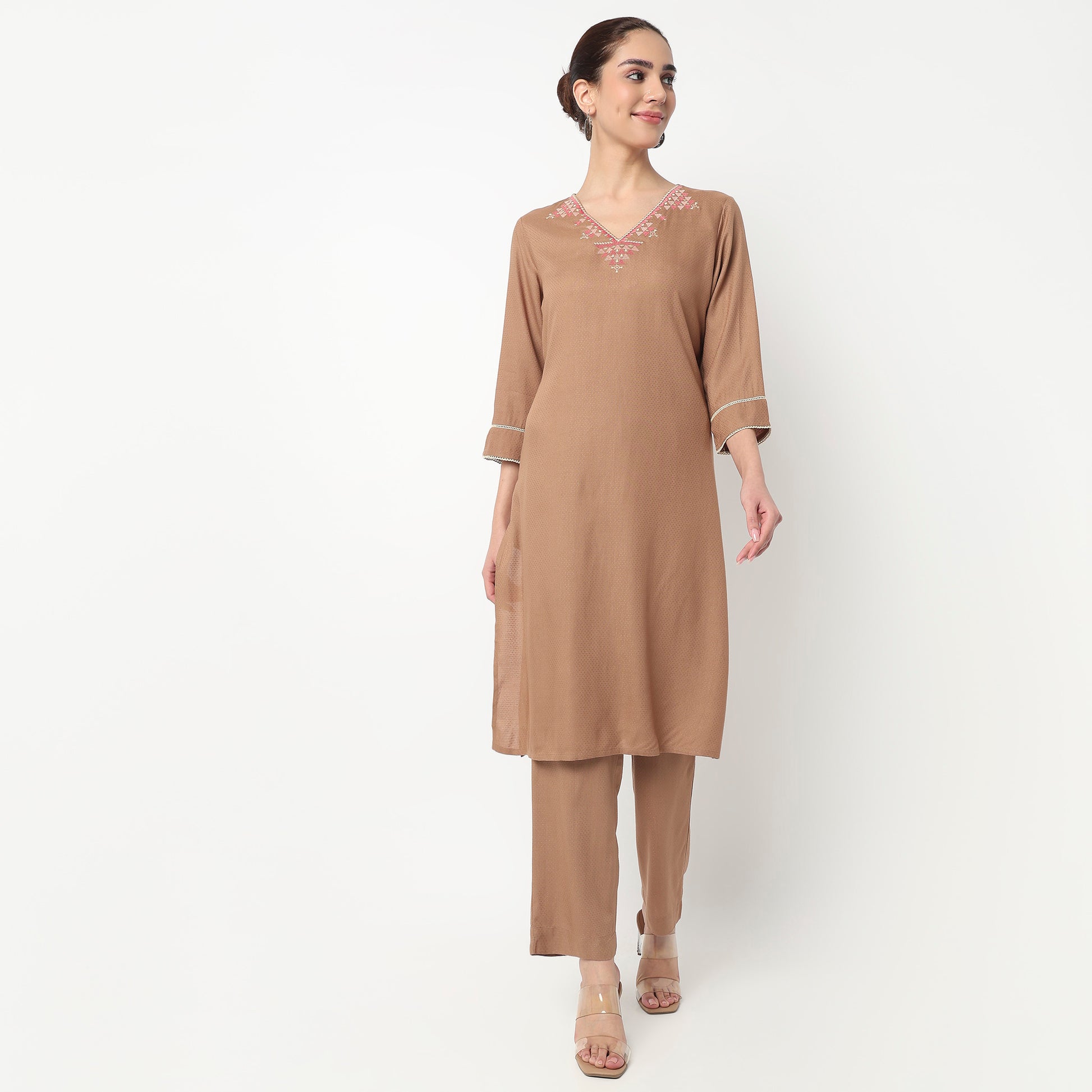 Embroidered Crew Neck Straight Kurta with Pant Set