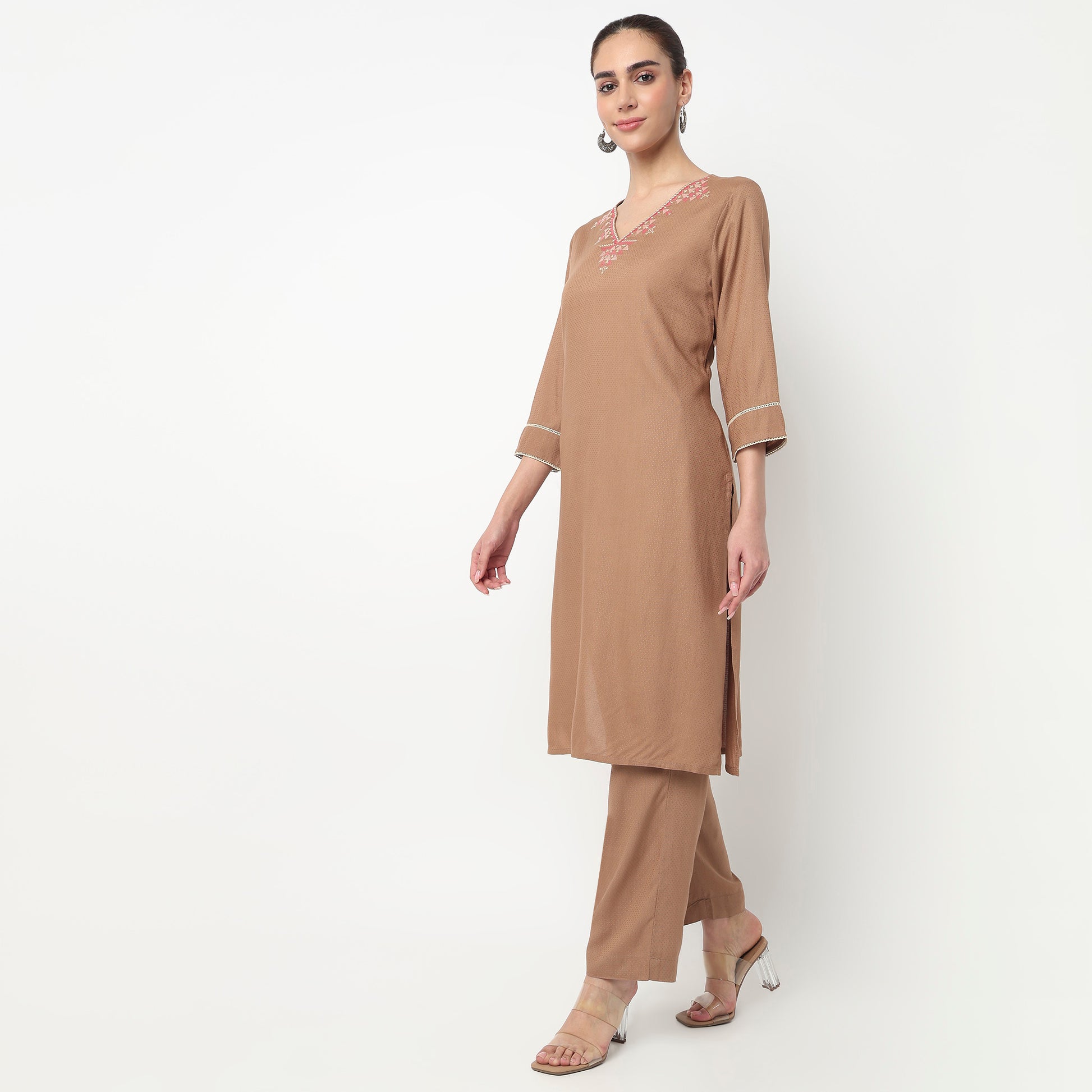 Embroidered Crew Neck Straight Kurta with Pant Set