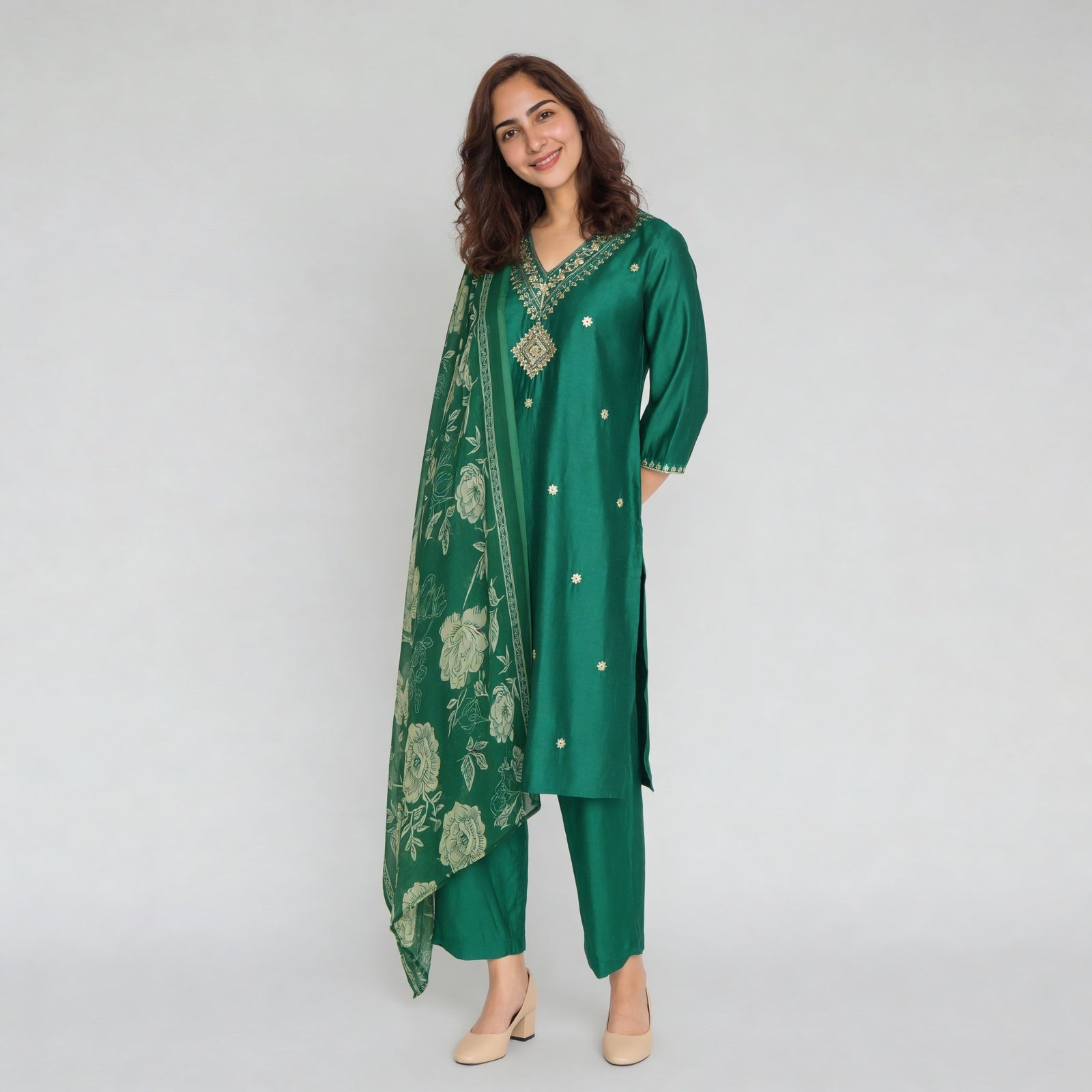 Embellished V-Neck Straight Kurta with Pant & Dupatta Set